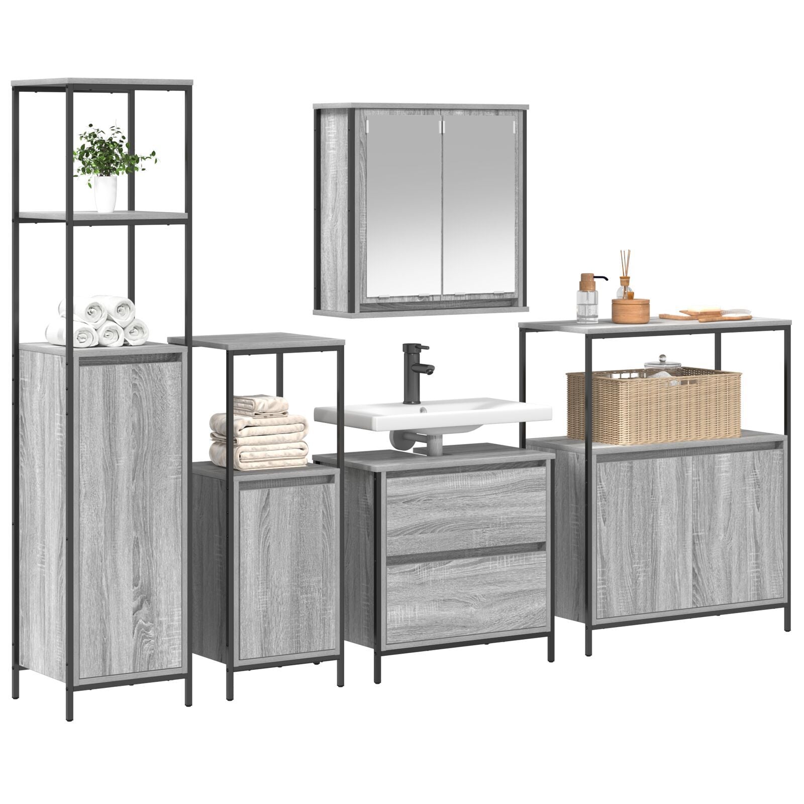 Baderomsinnredningssett med hylle 5 pcs Grå 76,5 x 35 x 95 cm