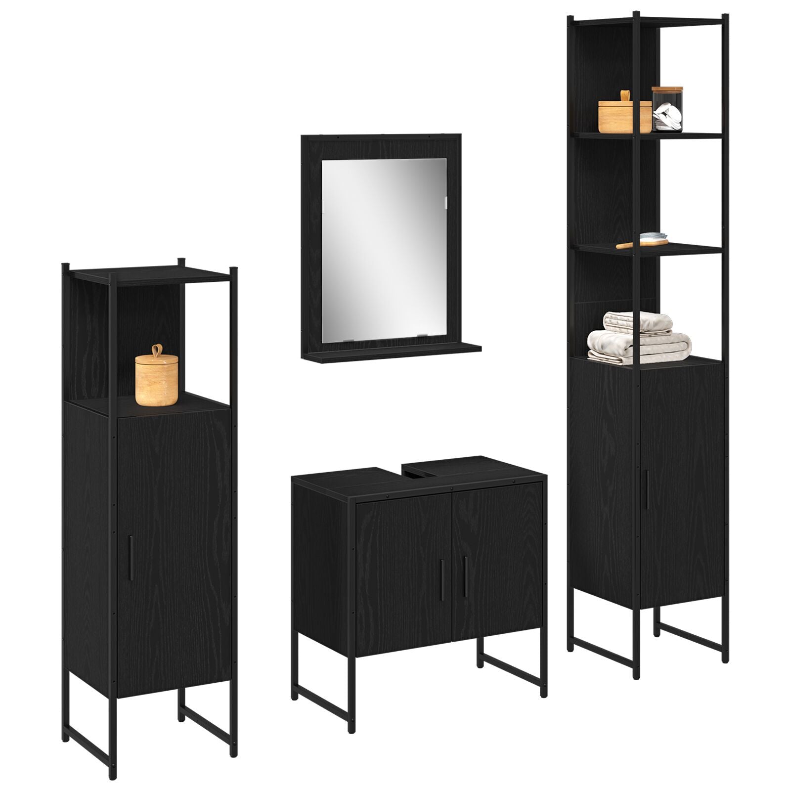 Baderomsinnredningssett med dør 4 pcs Svart 33 x 33 x 185.5 cm