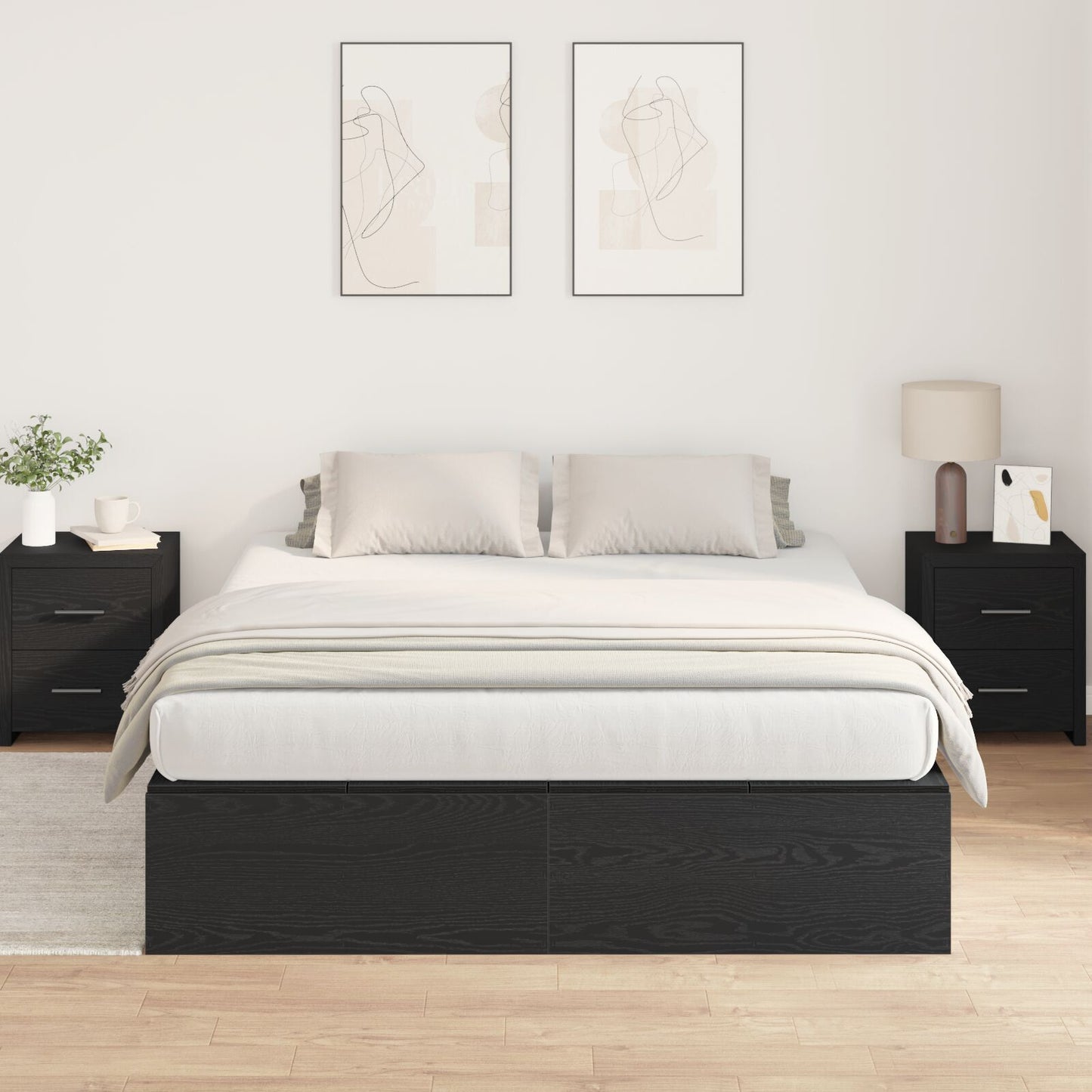 Seng med lagring Svart Eik 150 x 200 cm Konstruert tre