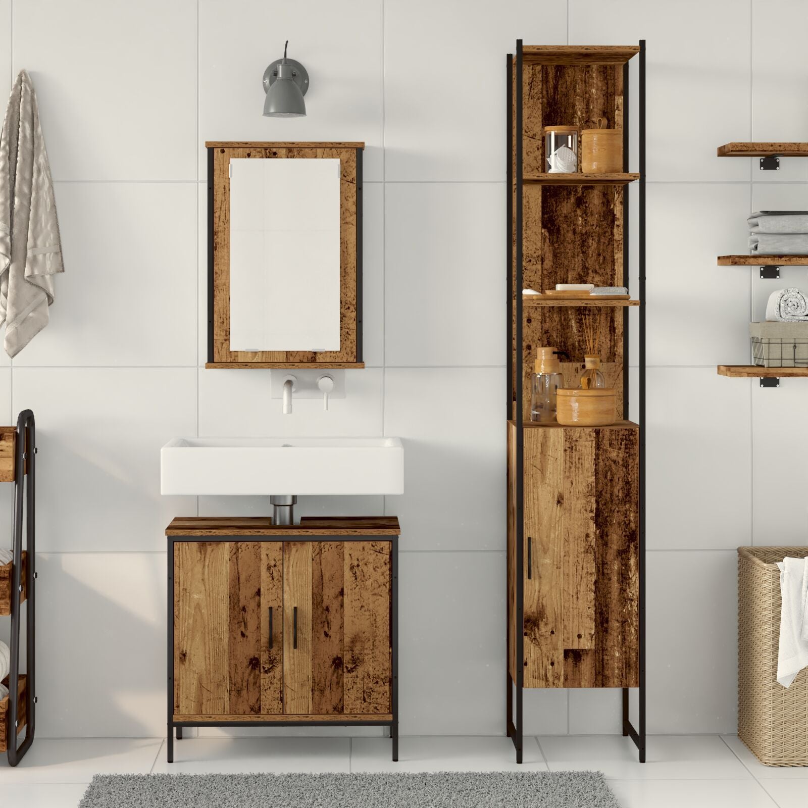 Baderomsinnredningssett med hylle 3 pcs Brun 33 x 33 x 185.5 cm