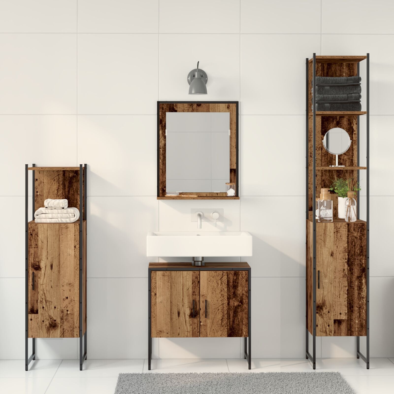Baderomsinnredningssett med dør 4 pcs Brun 33 x 33 x 185.5 cm