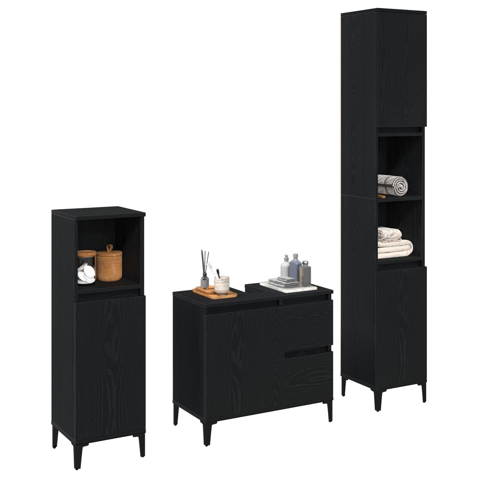 Baderomsinnredningssett med skuff 3 pcs Svart 30 x 30 x 180 cm
