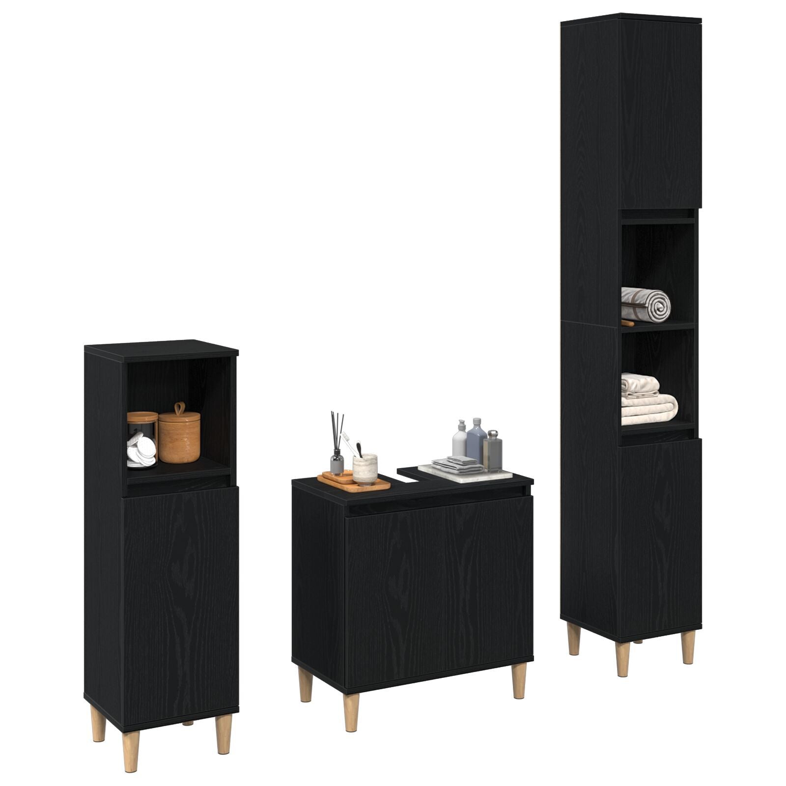 Baderomsinnredningssett med dør 3 pcs Svart 30 x 30 x 180 cm