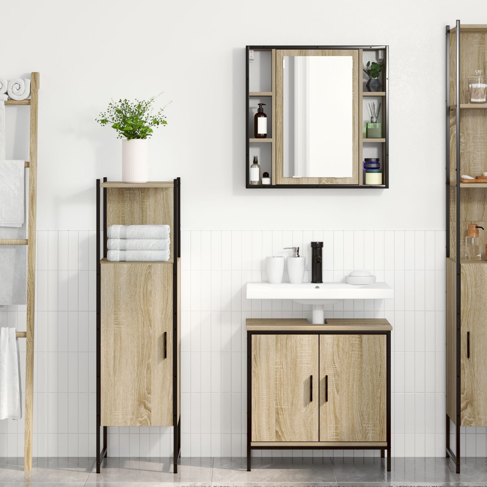 Baderomsinnredningssett med hylle 3 pcs Brun 60 x 30 x 60 cm