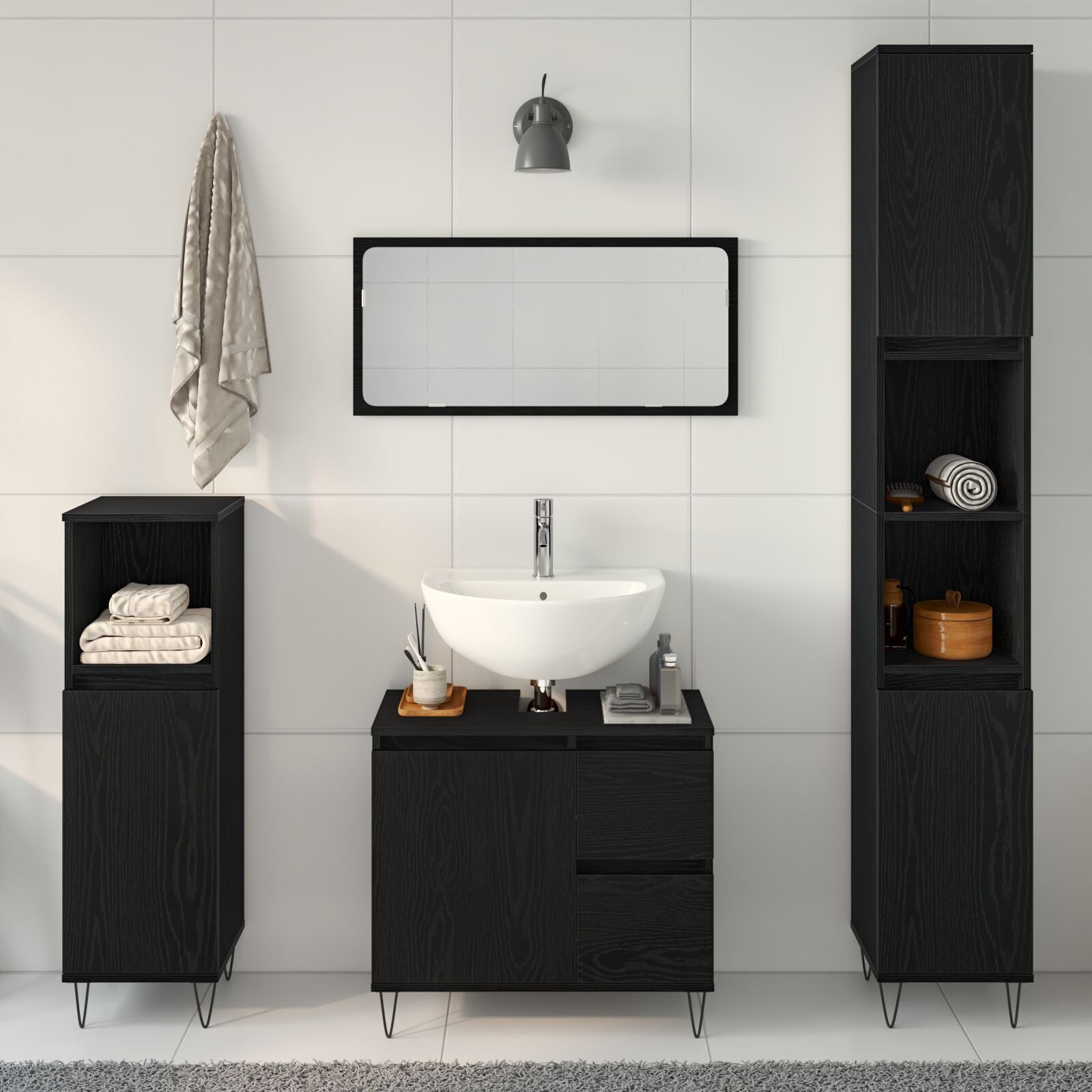 Bademøbelsett 3 pcs Svart Eik 30 x 30 x 190 cm Konstruert tre