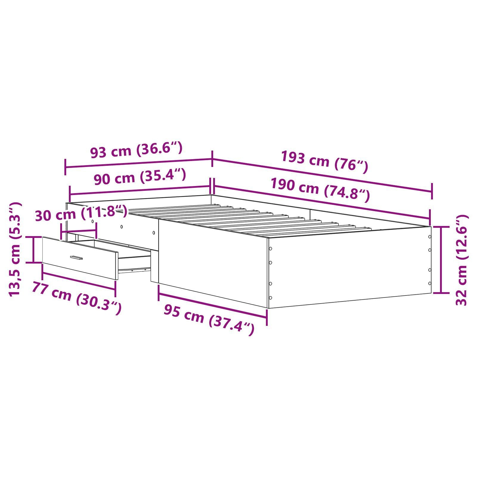 Sengestamme med skuff Artisan Eik 90 x 190 cm Konstruert tre