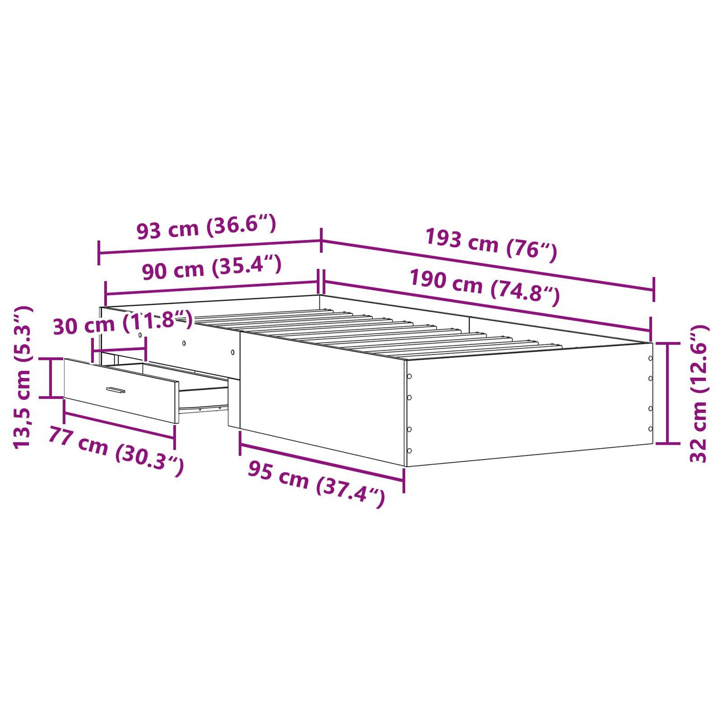 Sengestamme med skuff Artisan Eik 90 x 190 cm Konstruert tre