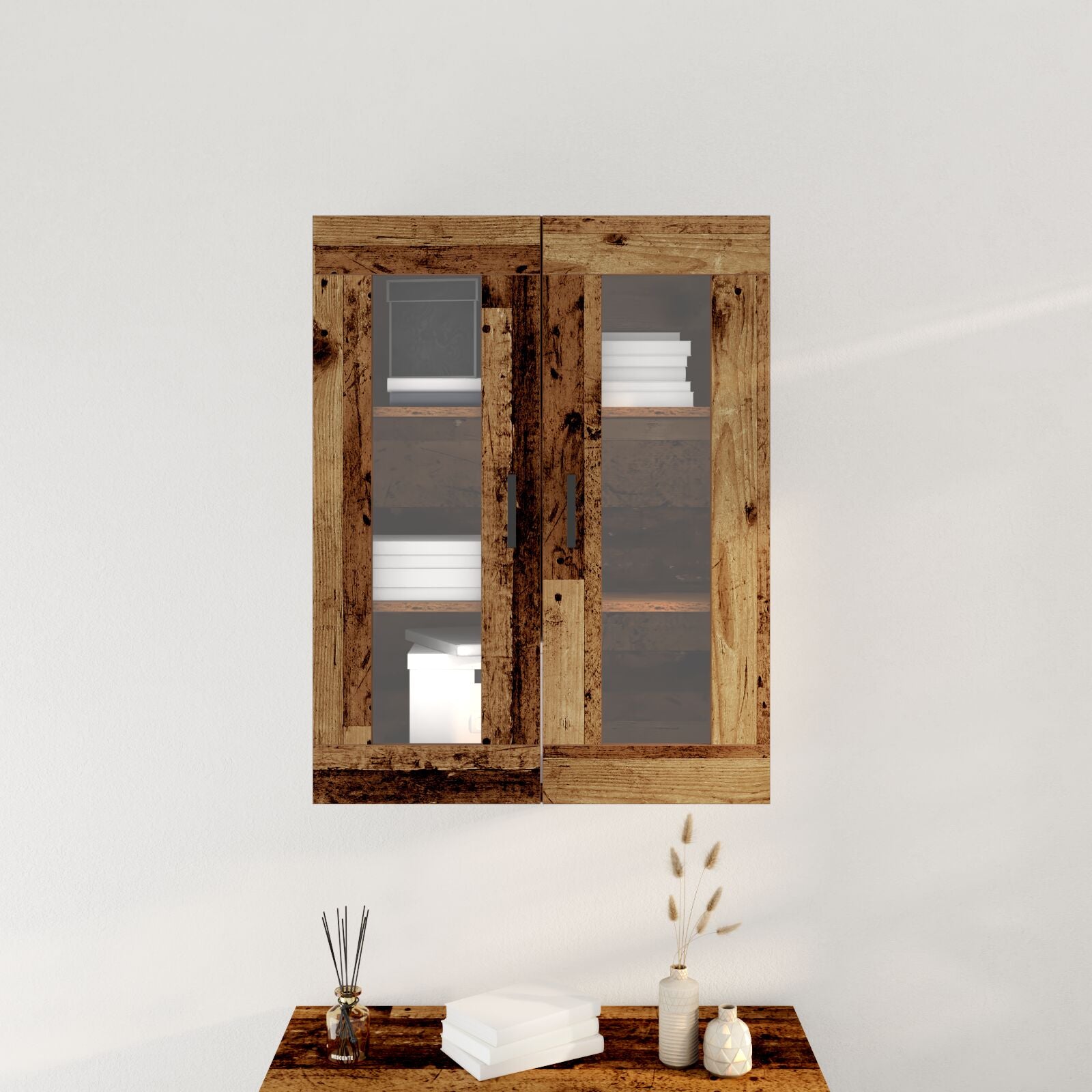 vegghengt skap med glassdører - gammelt tre - 69.5x34x90 cm