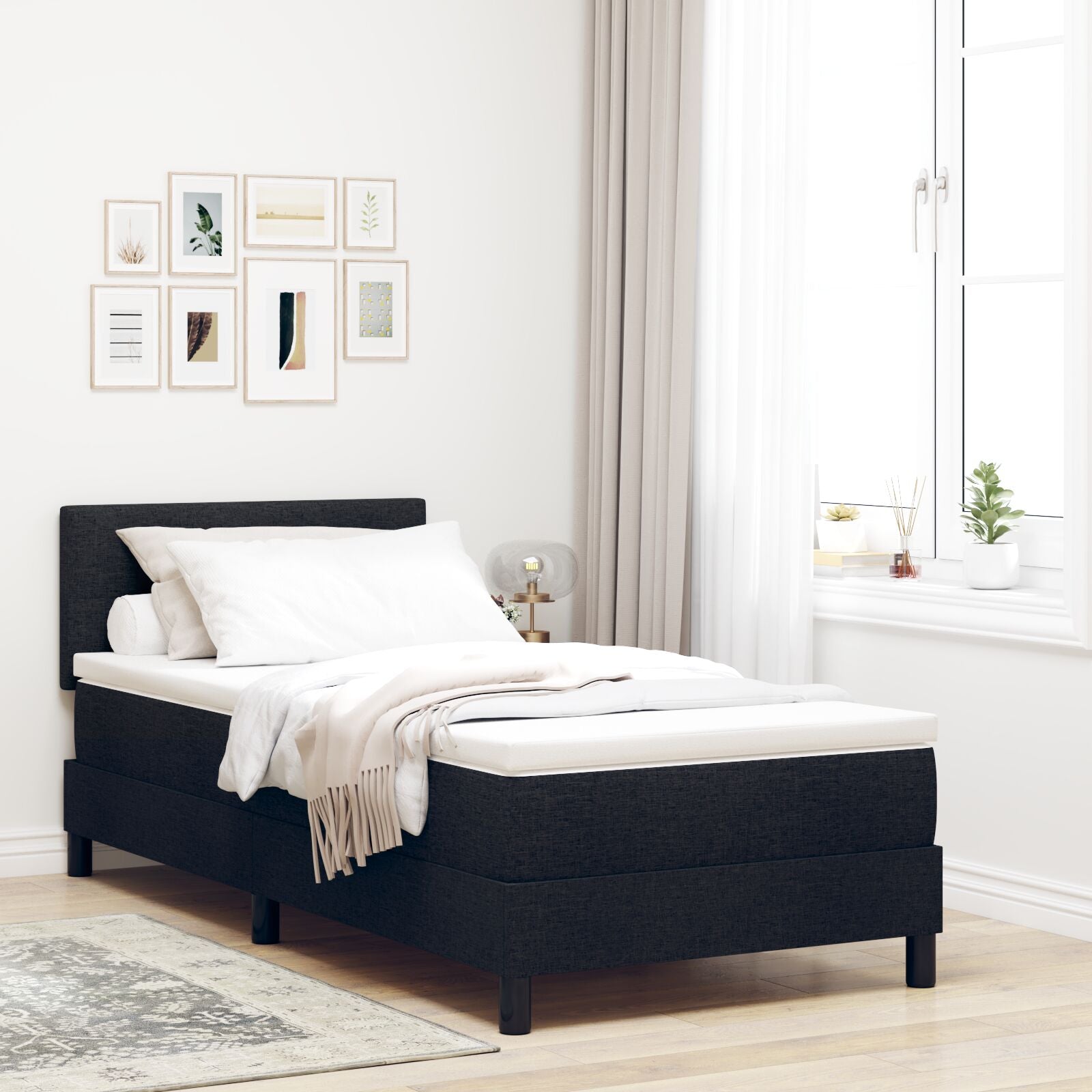 Senge Ramme med Madrass Svart og Hvit Stoff 90 x 200 cm