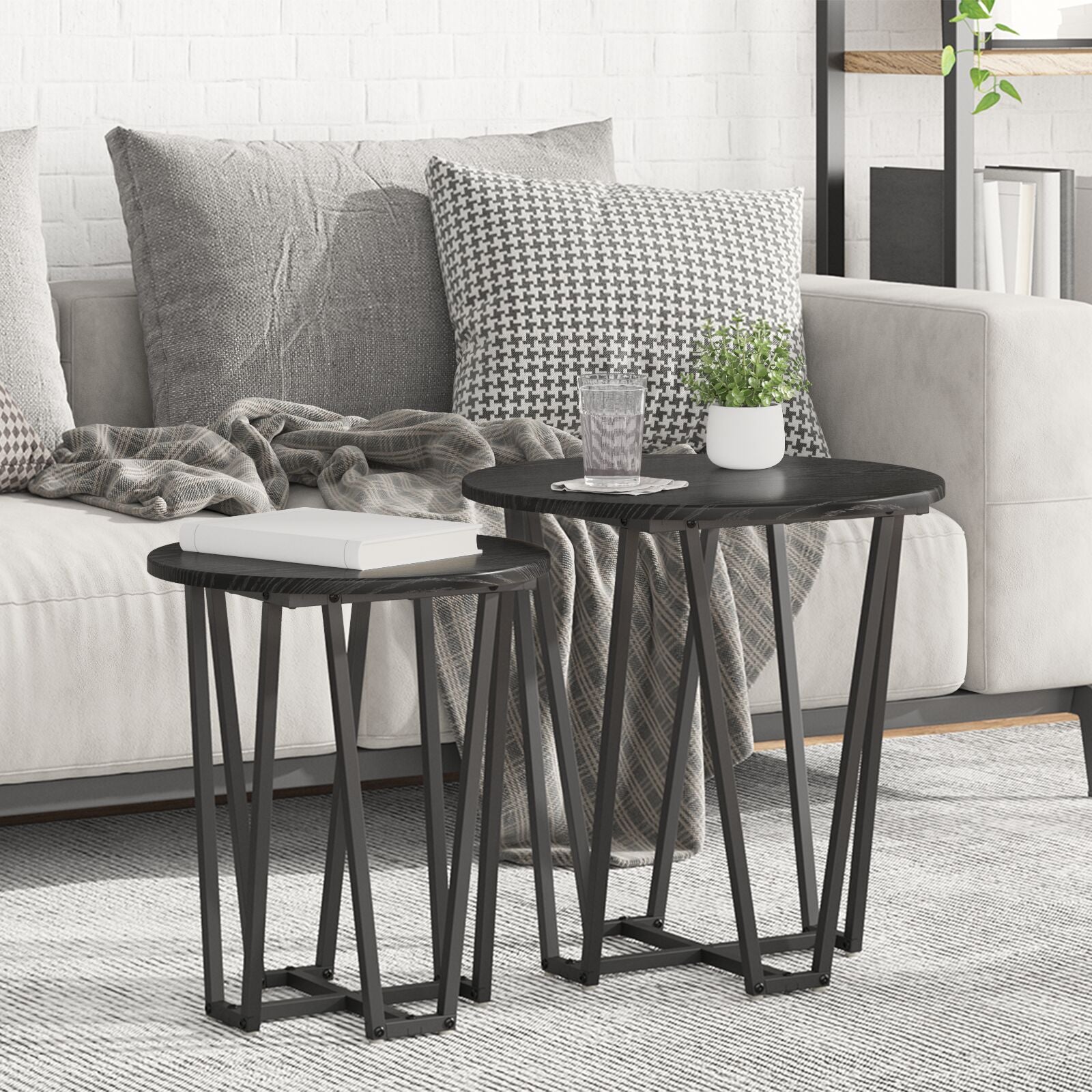 Sidetabellsett med 2 - Svart eike MDF og Metall