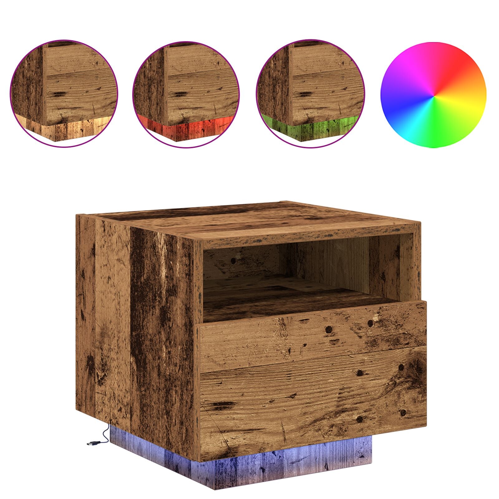 Nattbord med LED-lamper i gammelt tre 40x39x37 cm