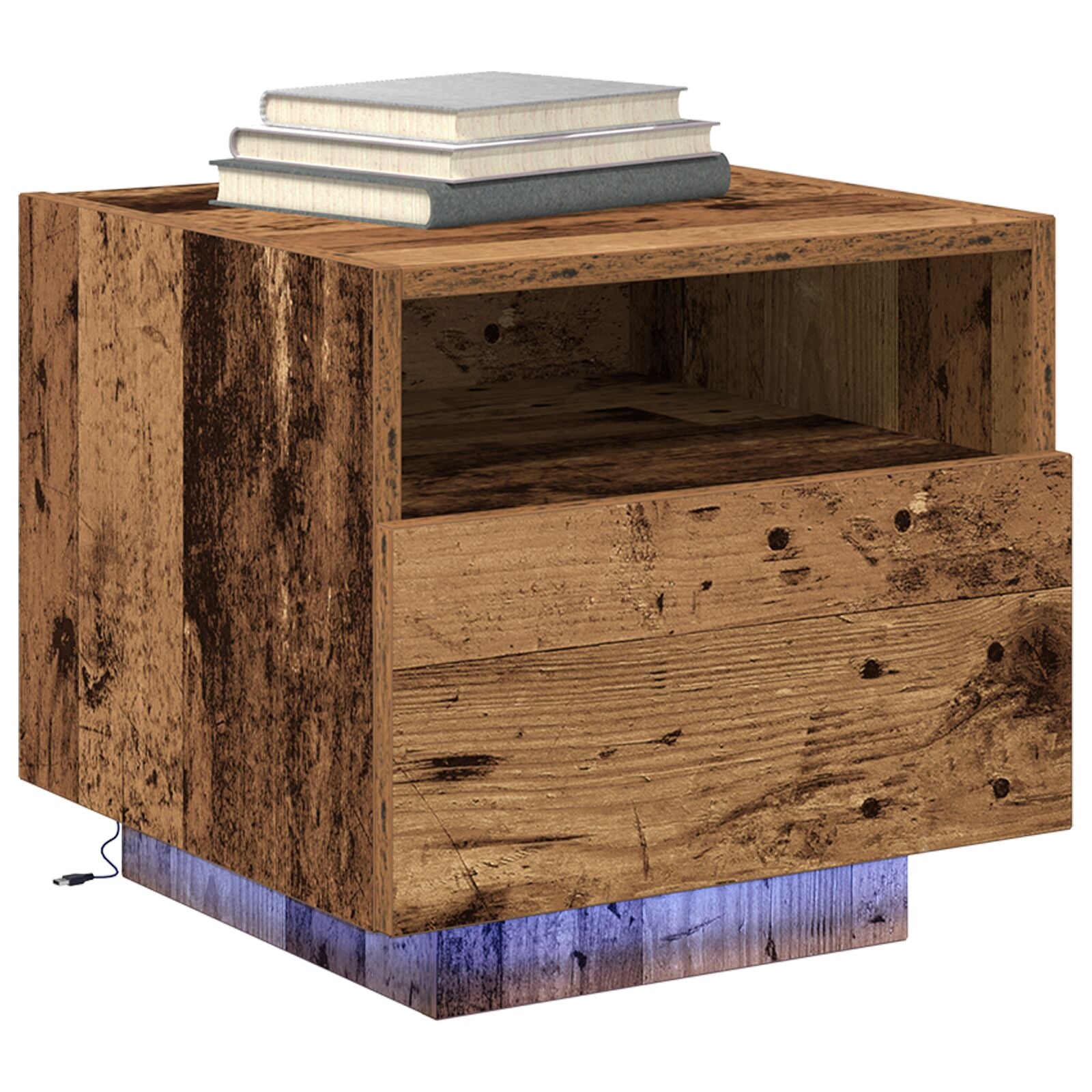 Nattbord med LED-lamper i gammelt tre 40x39x37 cm
