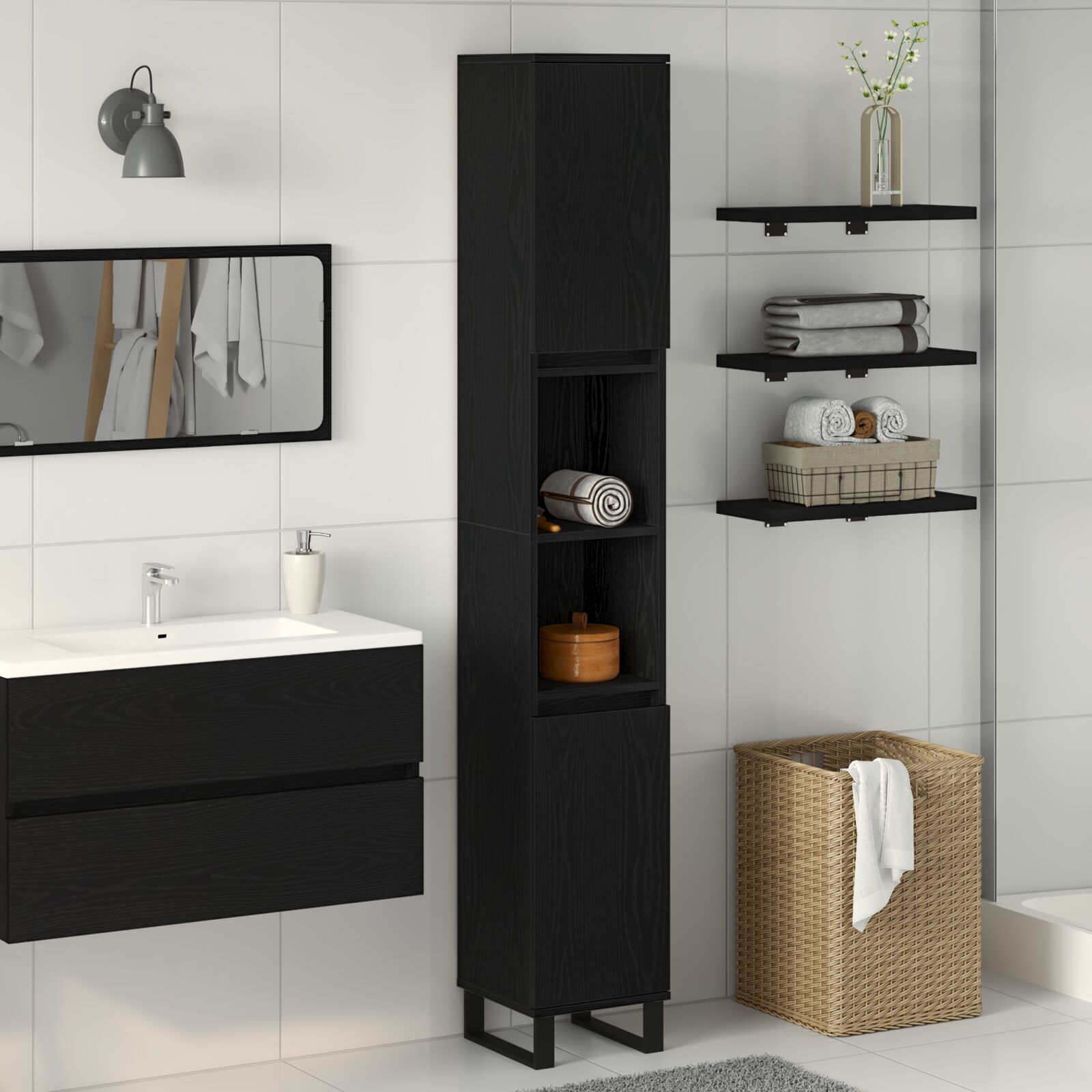 Badromsskap Svart Eik 30x30x190 cm Konstruert Tre
