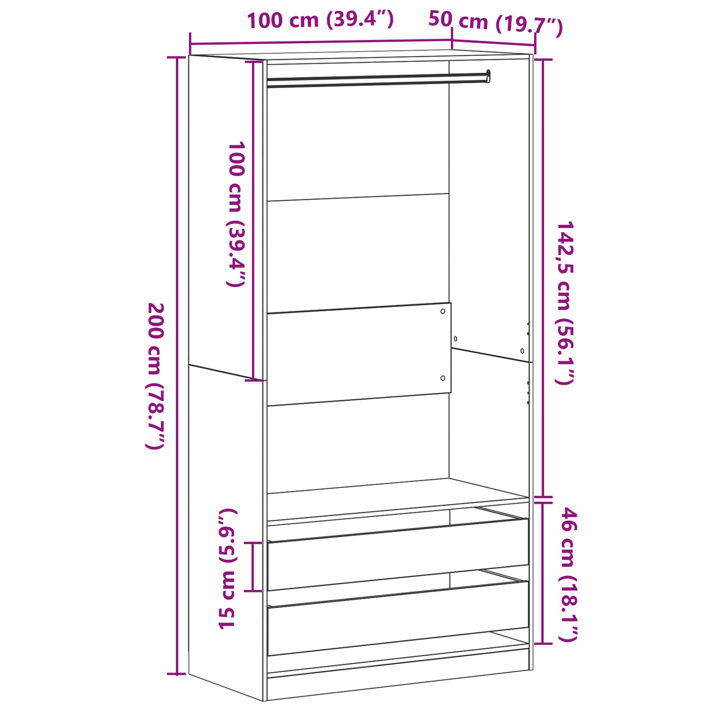 Garderobeskap Svart eik 100 x 50 x 200 cm Konstruert tre