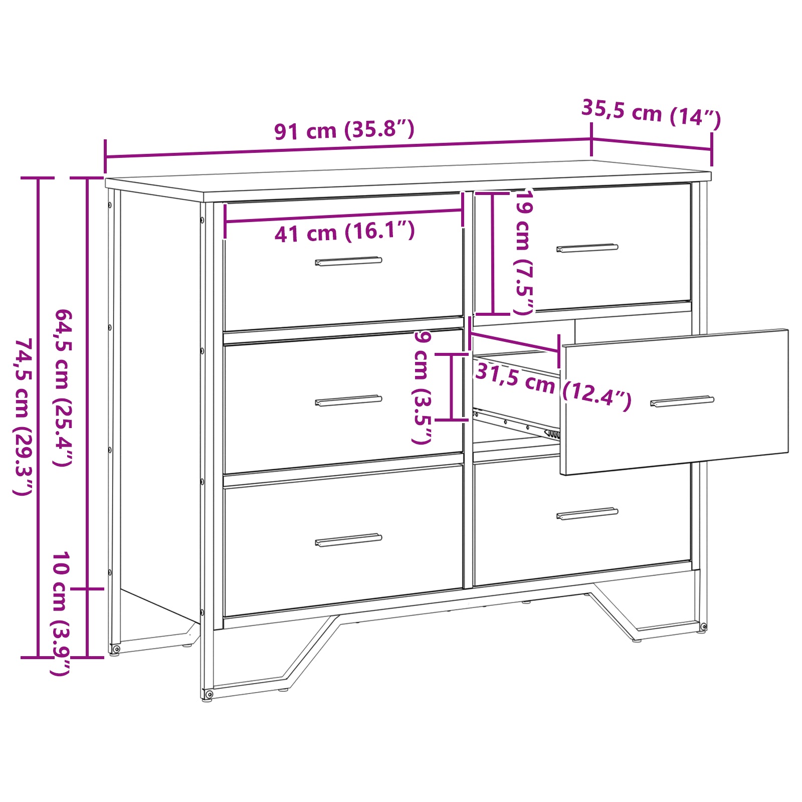 Kommode med skuff Svart eik 91 x 35.5 x 74.5 cm Konstruert tre