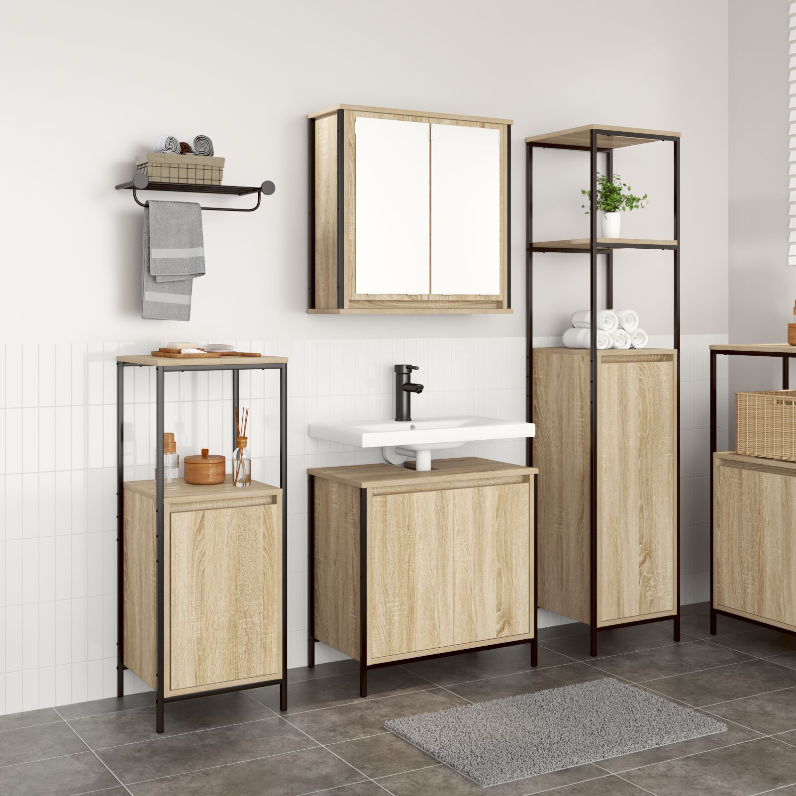 Baderomsinnredningssett med hylle 3 pcs Sonoma eik og svart