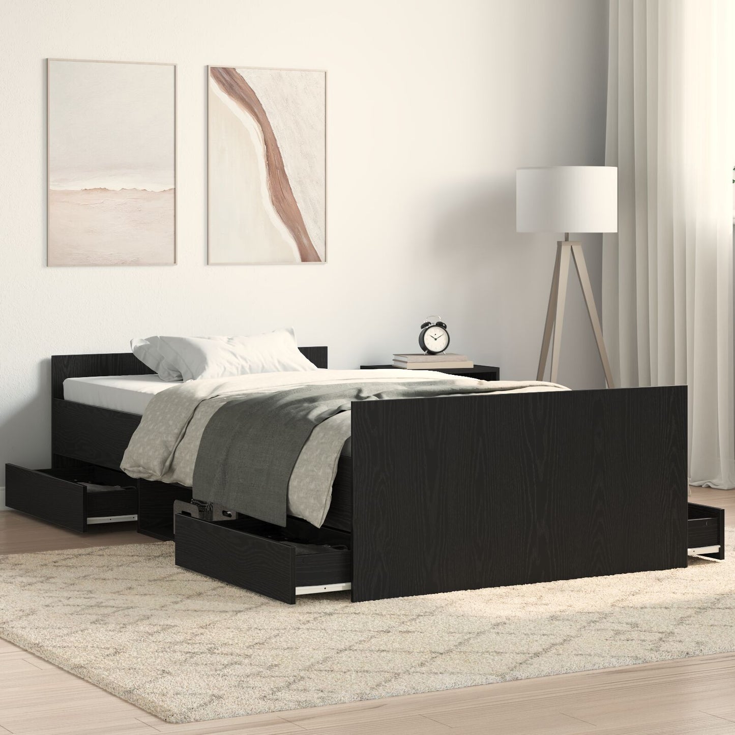 Sengestamme med skuff Svart Eik 193 x 93 x 50 cm Konstruert tre