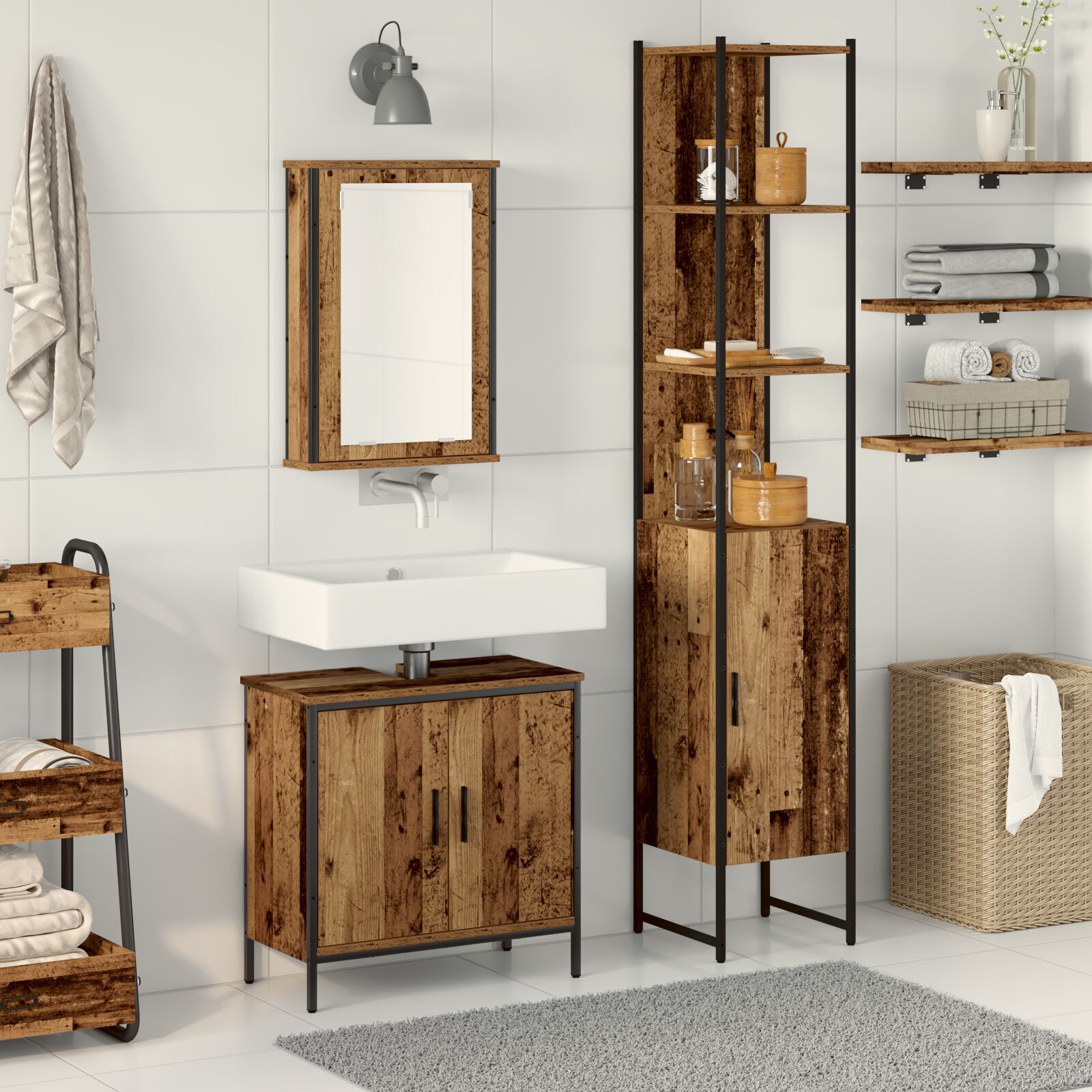 Baderomsinnredningssett med hylle 3 pcs Brun 33 x 33 x 185.5 cm