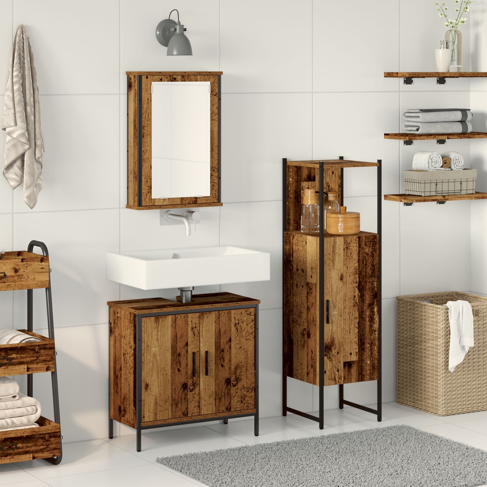 Baderomsinnredningssett med dør 3 pcs Brun 33 x 33 x 120.5 cm