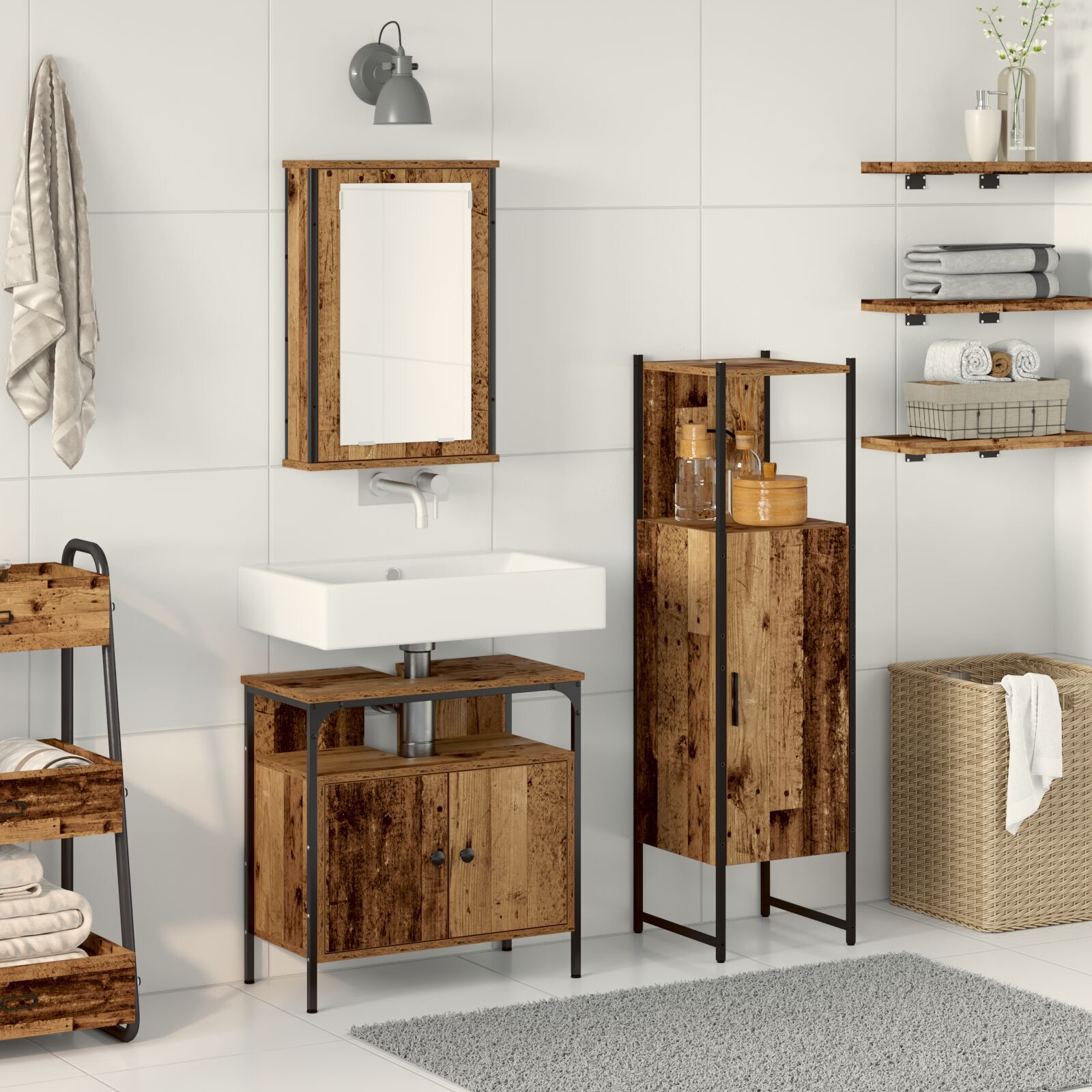 Baderomsinnredningssett med dør 3 pcs Brun 33 x 33 x 120.5 cm
