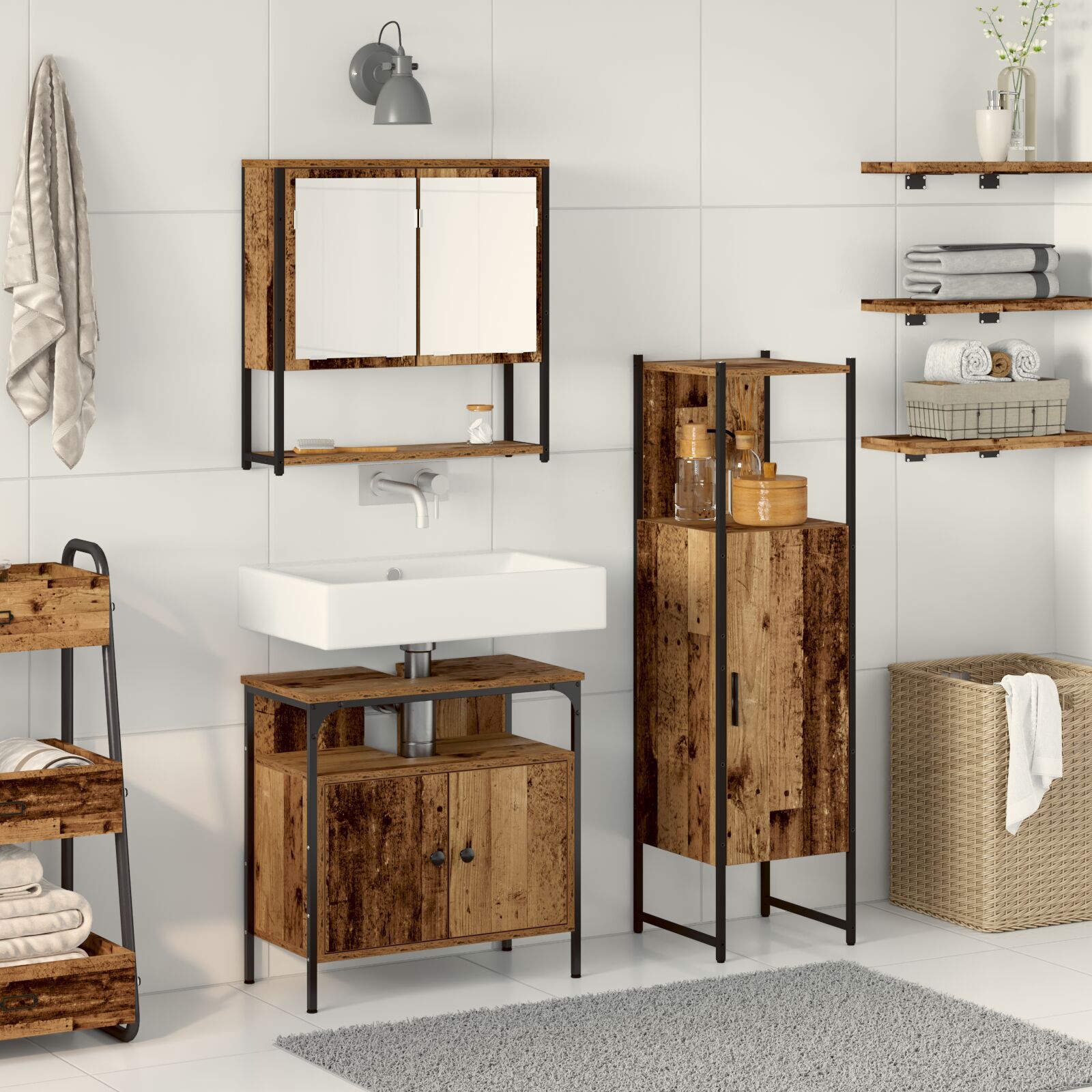 Baderomsinnredningssett med dør 3 pcs Brun 33 x 33 x 120.5 cm