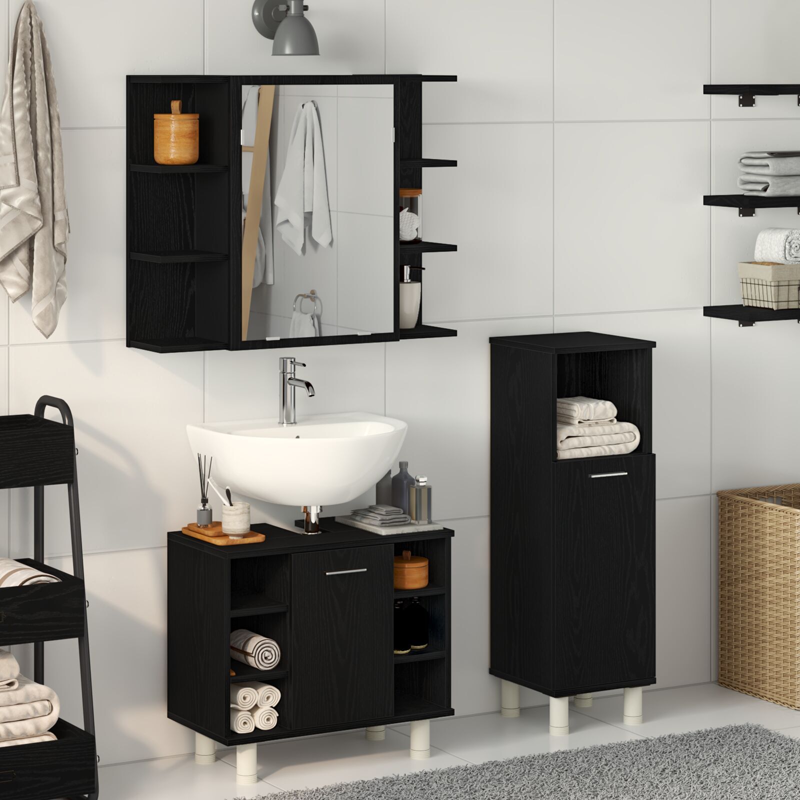 Baderomsinnredningssett med hylle 3 pcs Svart 30 x 30 x 99.5 cm