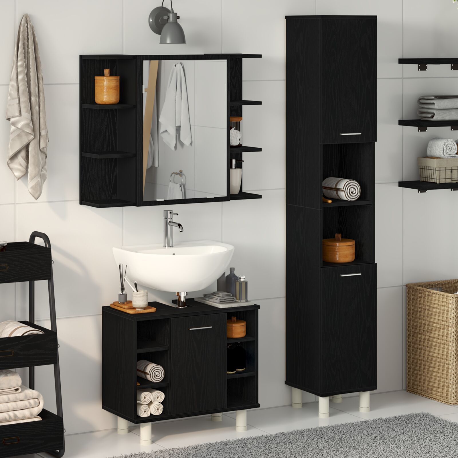 Baderomsinnredningssett med dør 3 pcs Svart 30 x 30 x 179.5 cm
