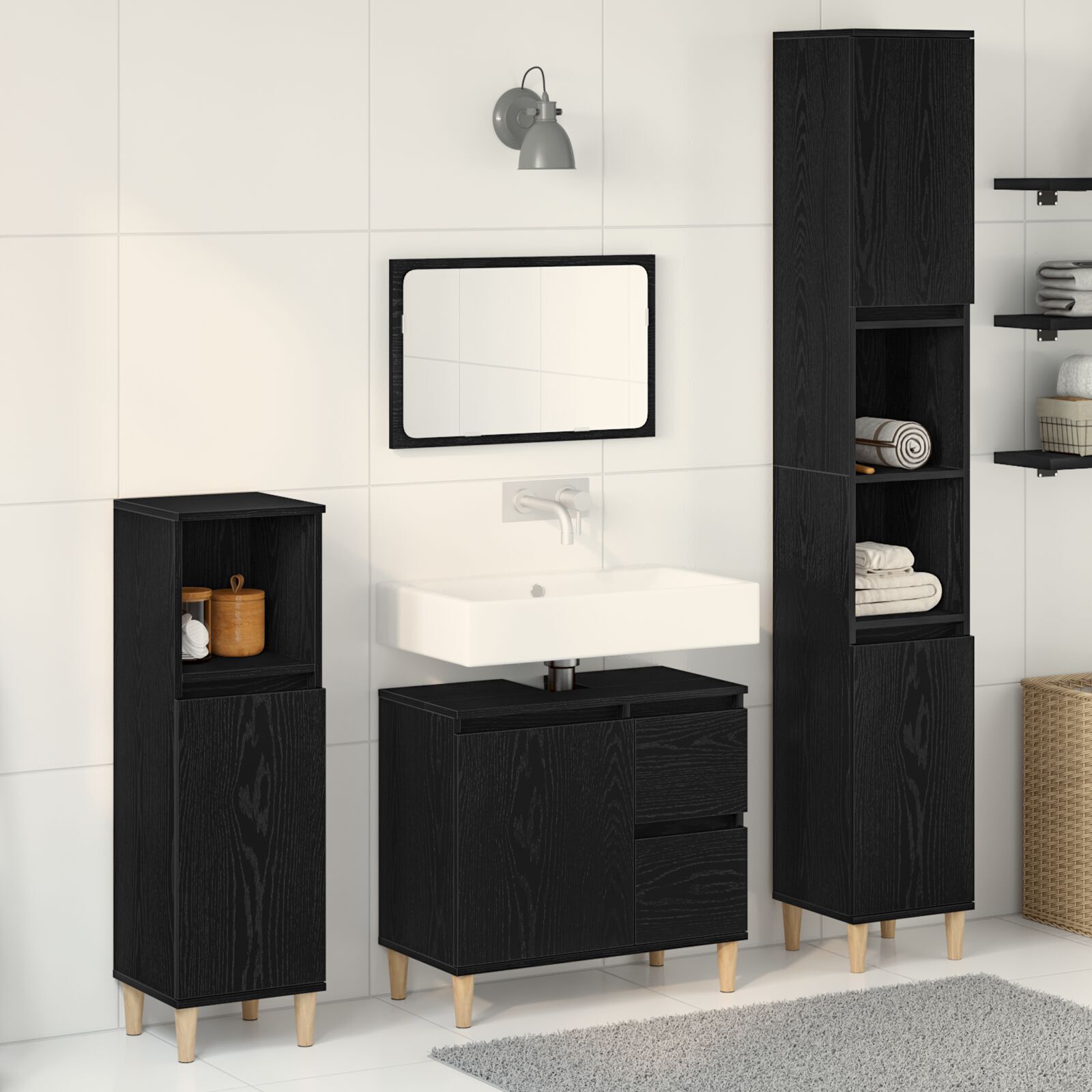 Baderomsinnredningssett med skuff 3 pcs Svart 30 x 30 x 180 cm