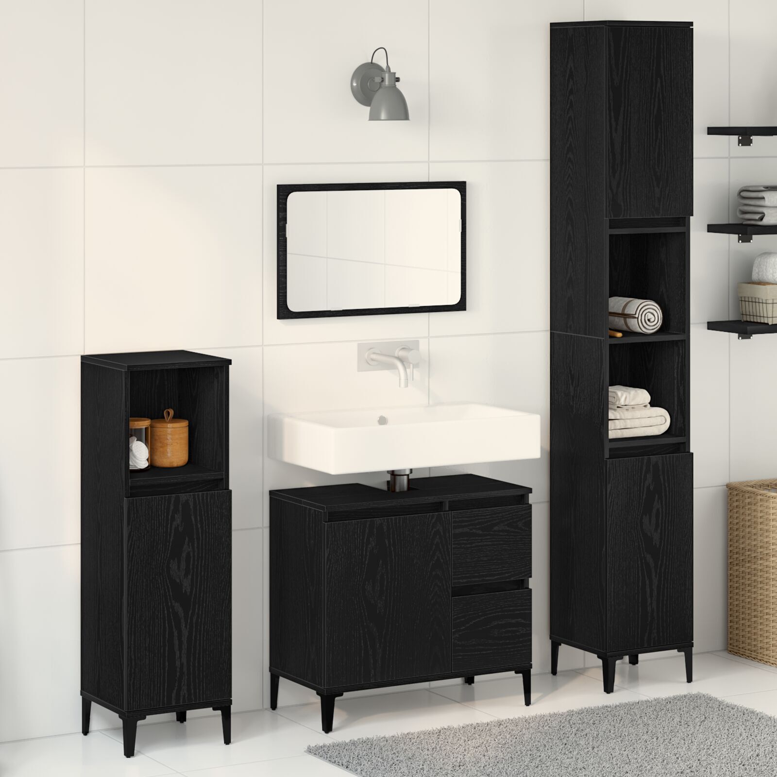 Baderomsinnredningssett med skuff 3 pcs Svart 30 x 30 x 180 cm