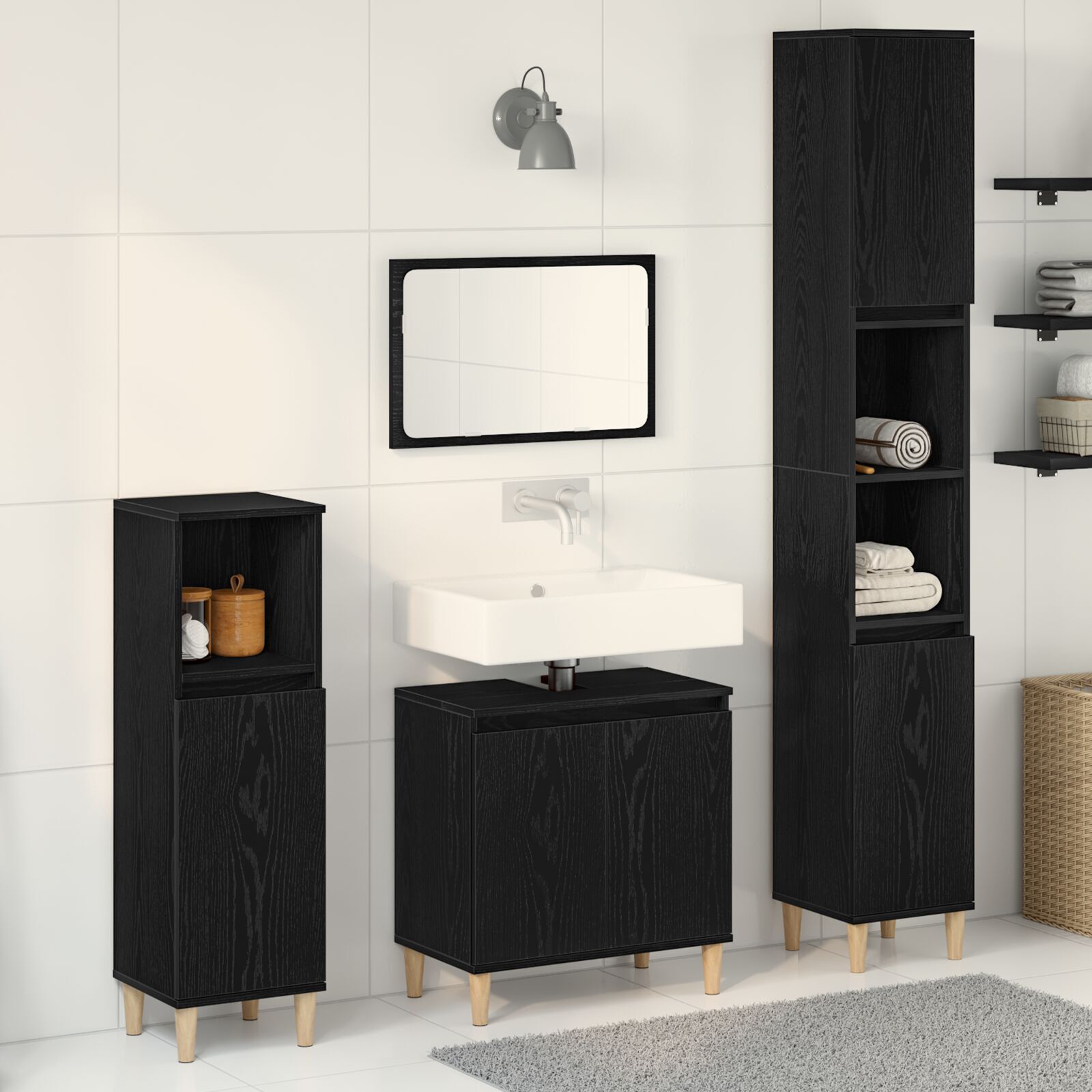 Baderomsinnredningssett med dør 3 pcs Svart 30 x 30 x 180 cm