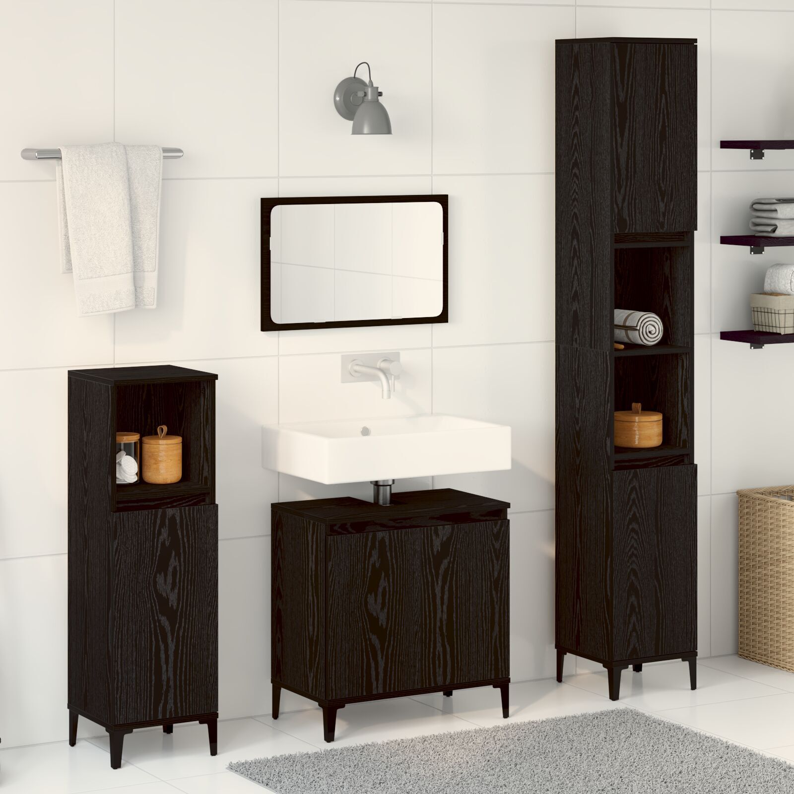 Baderomsinnredningssett med dør 3 pcs Svart 30 x 30 x 180 cm