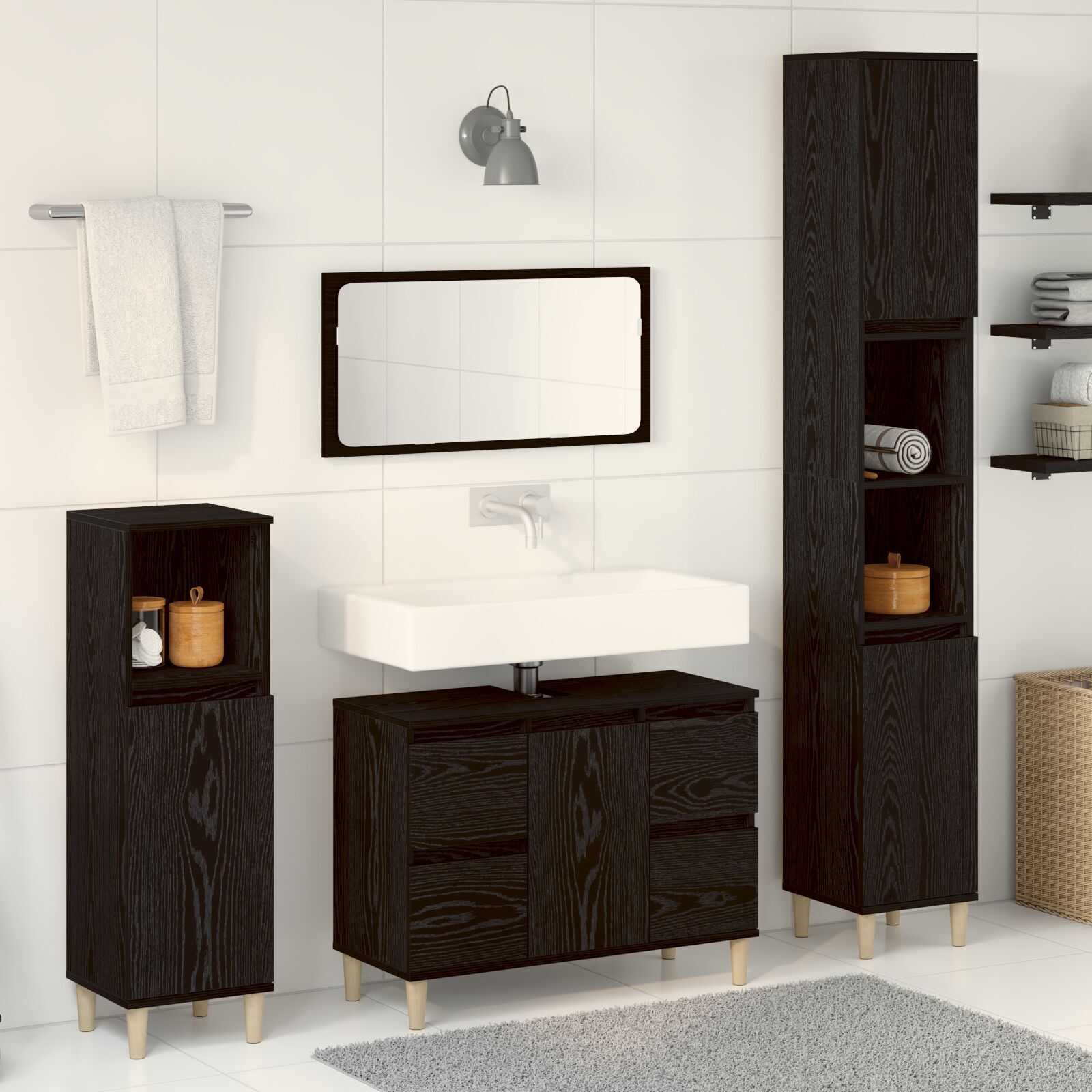 Baderomsinnredningssett med skuff 3 pcs Svart 30 x 30 x 180 cm