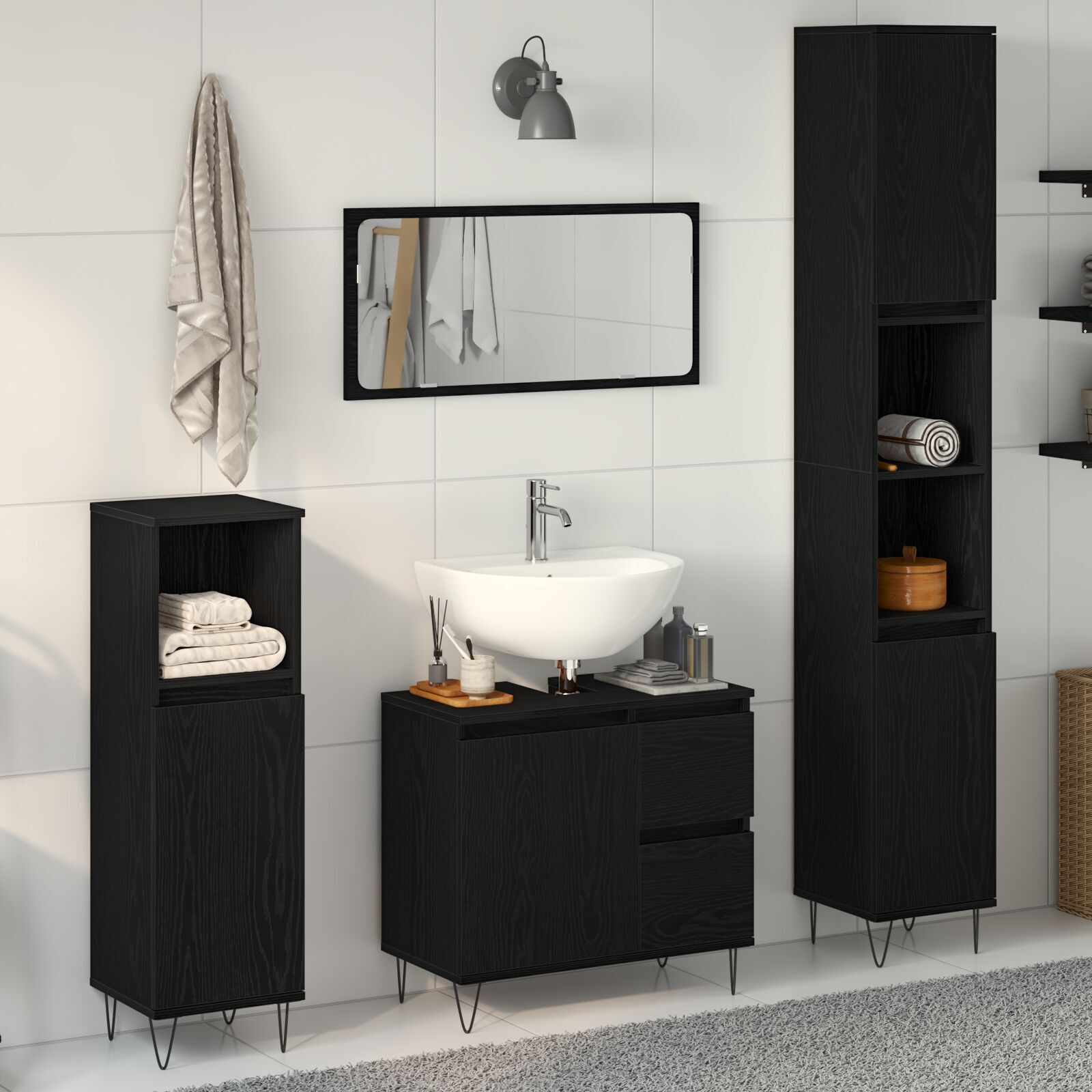 Bademøbelsett 3 pcs Svart Eik 30 x 30 x 190 cm Konstruert tre