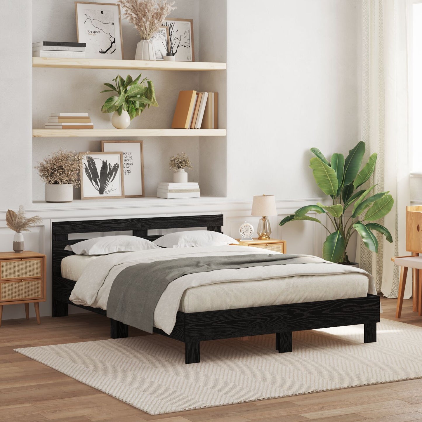 Sengestamme med LED Svart Eik 150 x 200 cm Konstruert tre