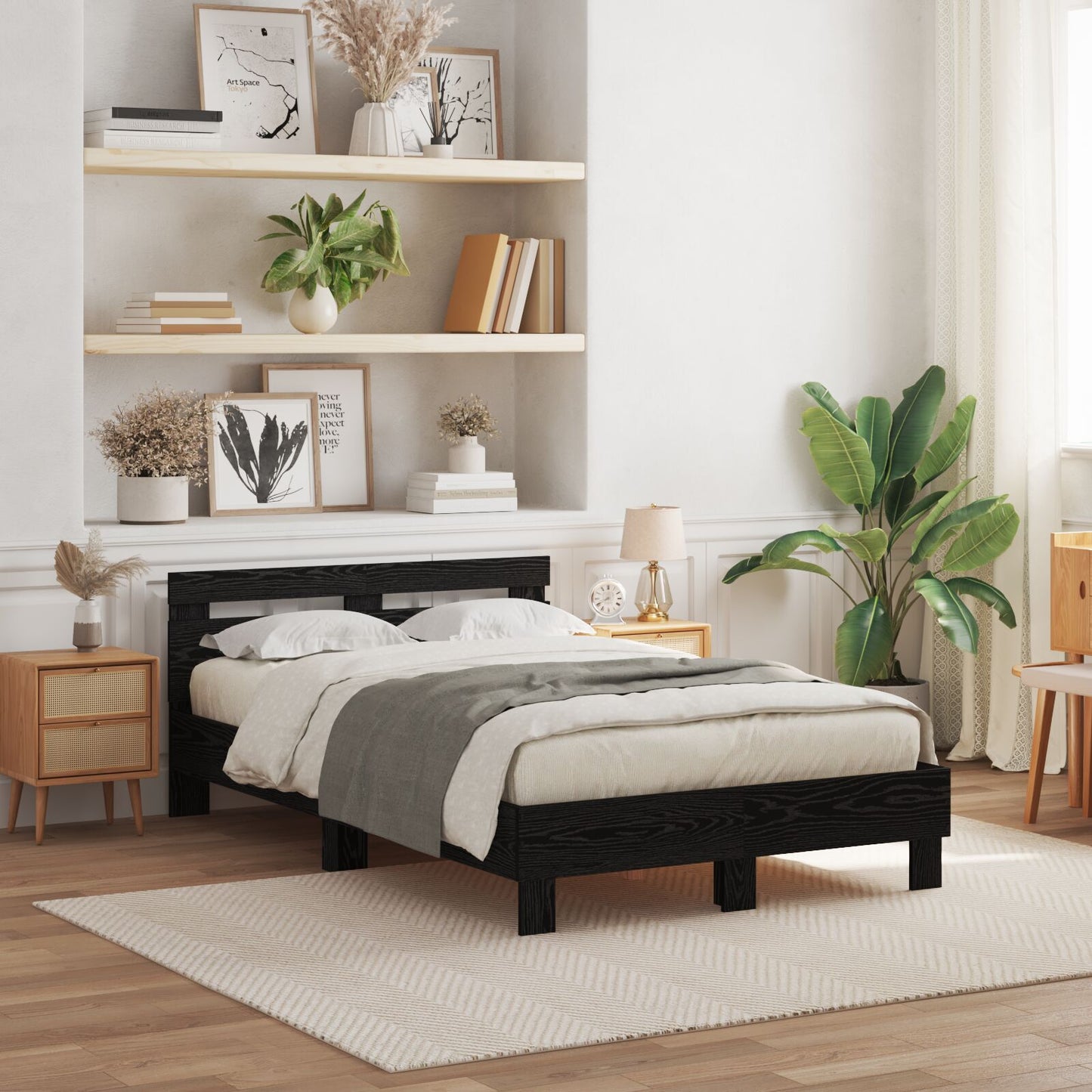 Sengestamme med LED Svart Eik 135 x 190 cm Konstruert tre