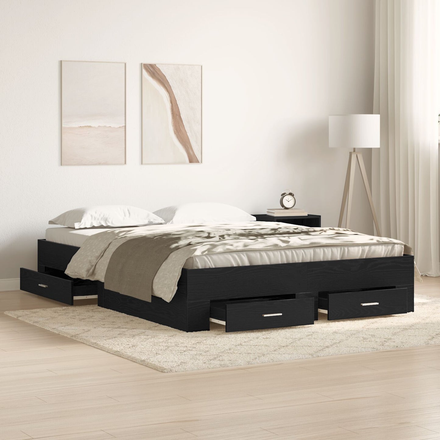 Sengestamme med skuff Svart Eik 135 x 190 cm Konstruert tre