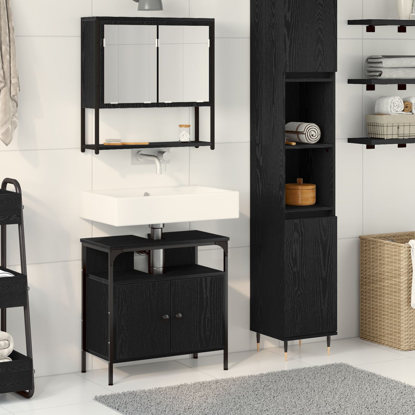 Baderomsinnredningssett med hylle 2 pcs Svart Konstruert tre