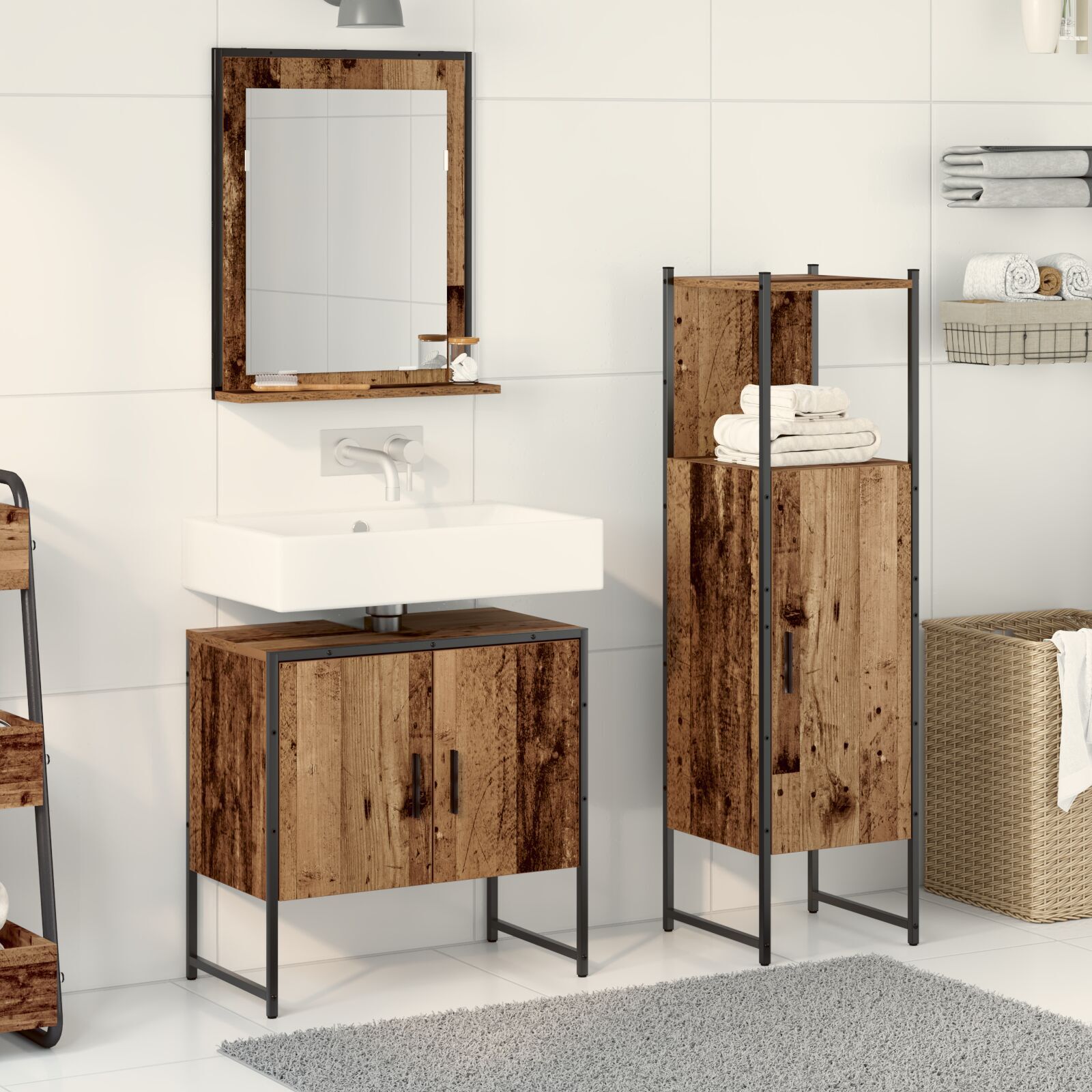 Baderomsinnredningssett med dør 3 pcs Brun 33 x 33 x 102.5 cm