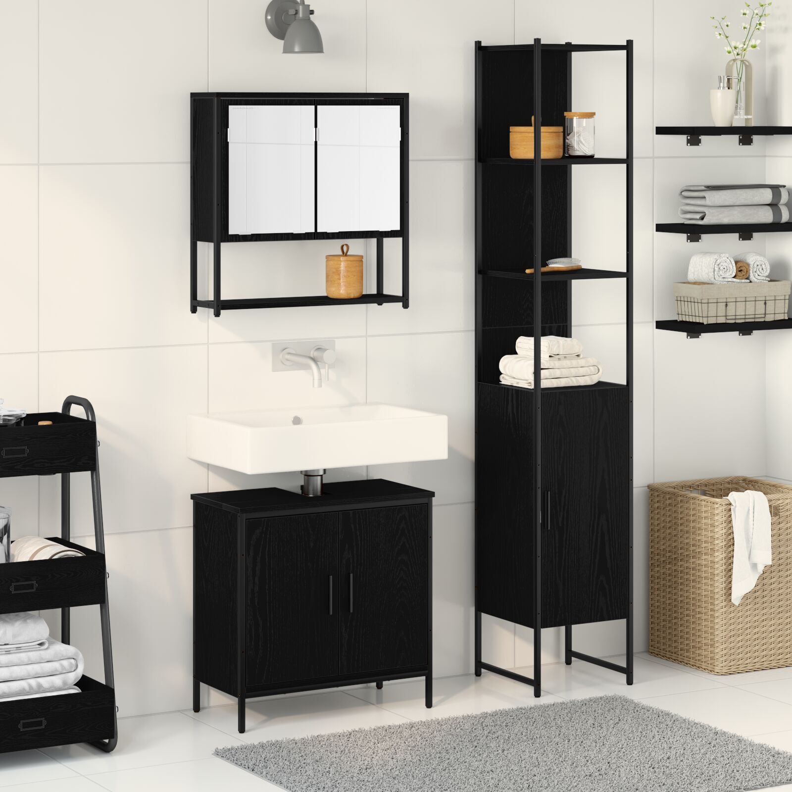 Baderomsinnredningssett med dør 3 pcs Svart 33 x 33 x 185.5 cm