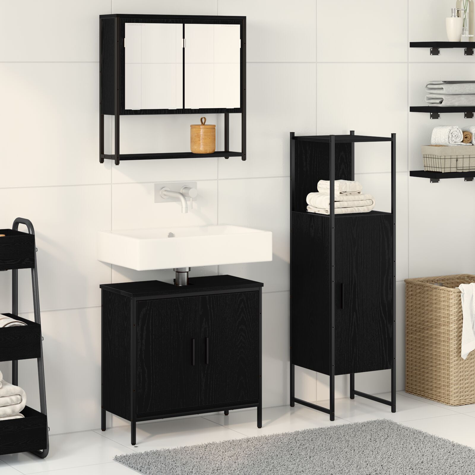 Baderomsinnredningssett med dør 3 pcs Svart 33 x 33 x 102.5 cm