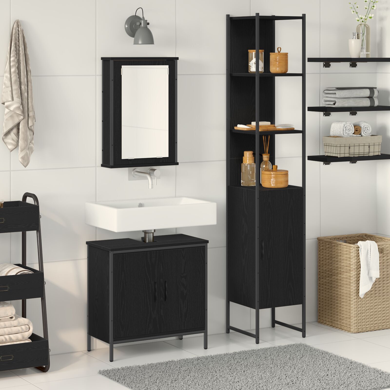 Baderomsinnredningssett med dør 3 pcs Svart 33 x 33 x 185.5 cm