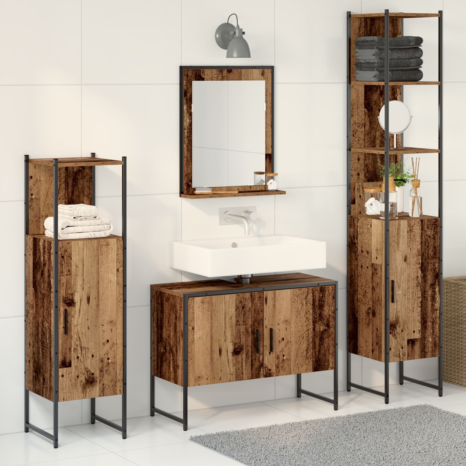 Baderomsinnredningssett med dør 4 pcs Brun 33 x 33 x 185.5 cm