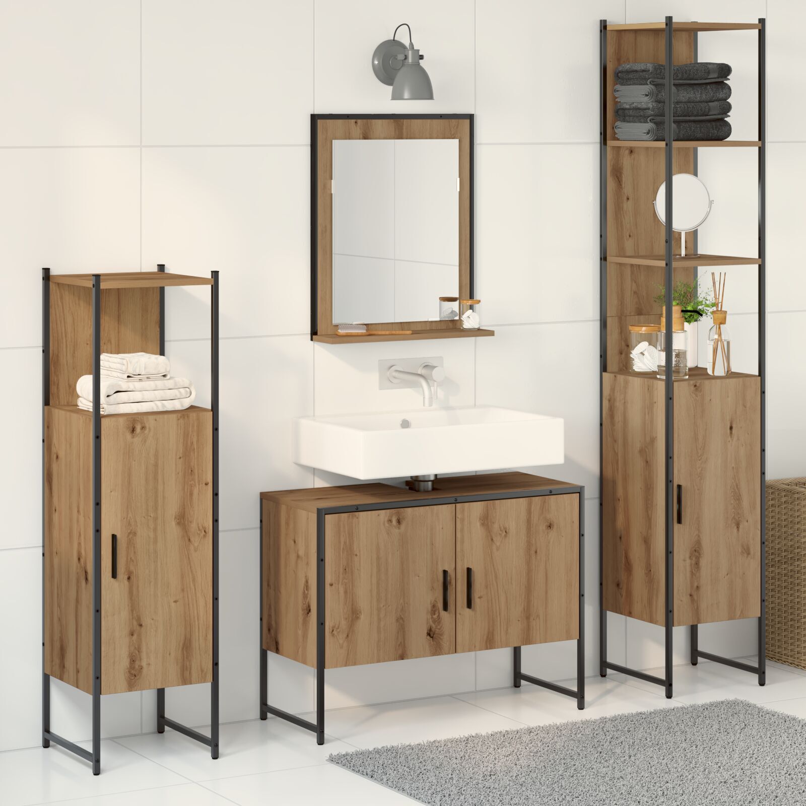 Baderomsinnredningssett med dør 4 pcs Brun 33 x 33 x 185.5 cm