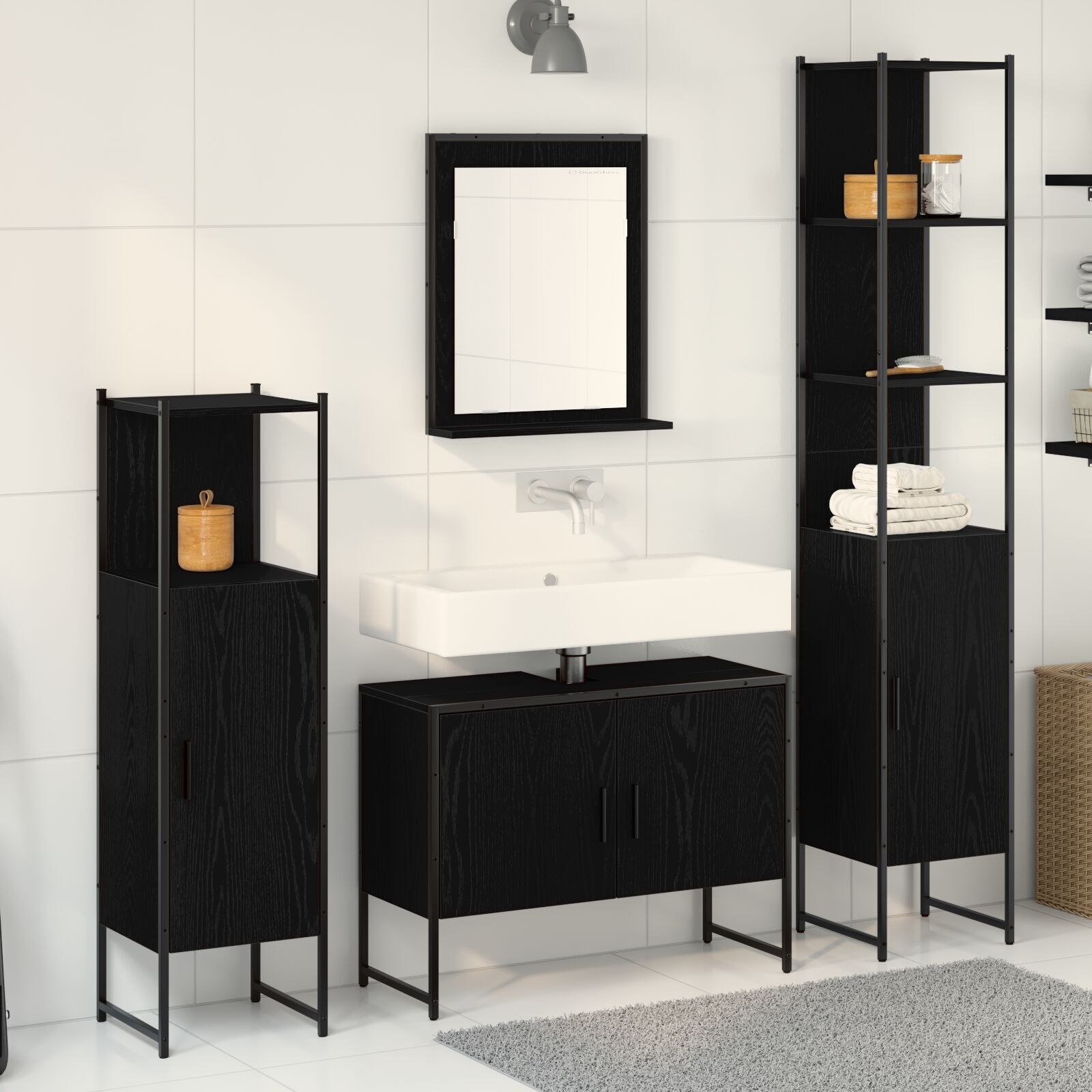Baderomsinnredningssett med dør 4 pcs Svart 33 x 33 x 185.5 cm