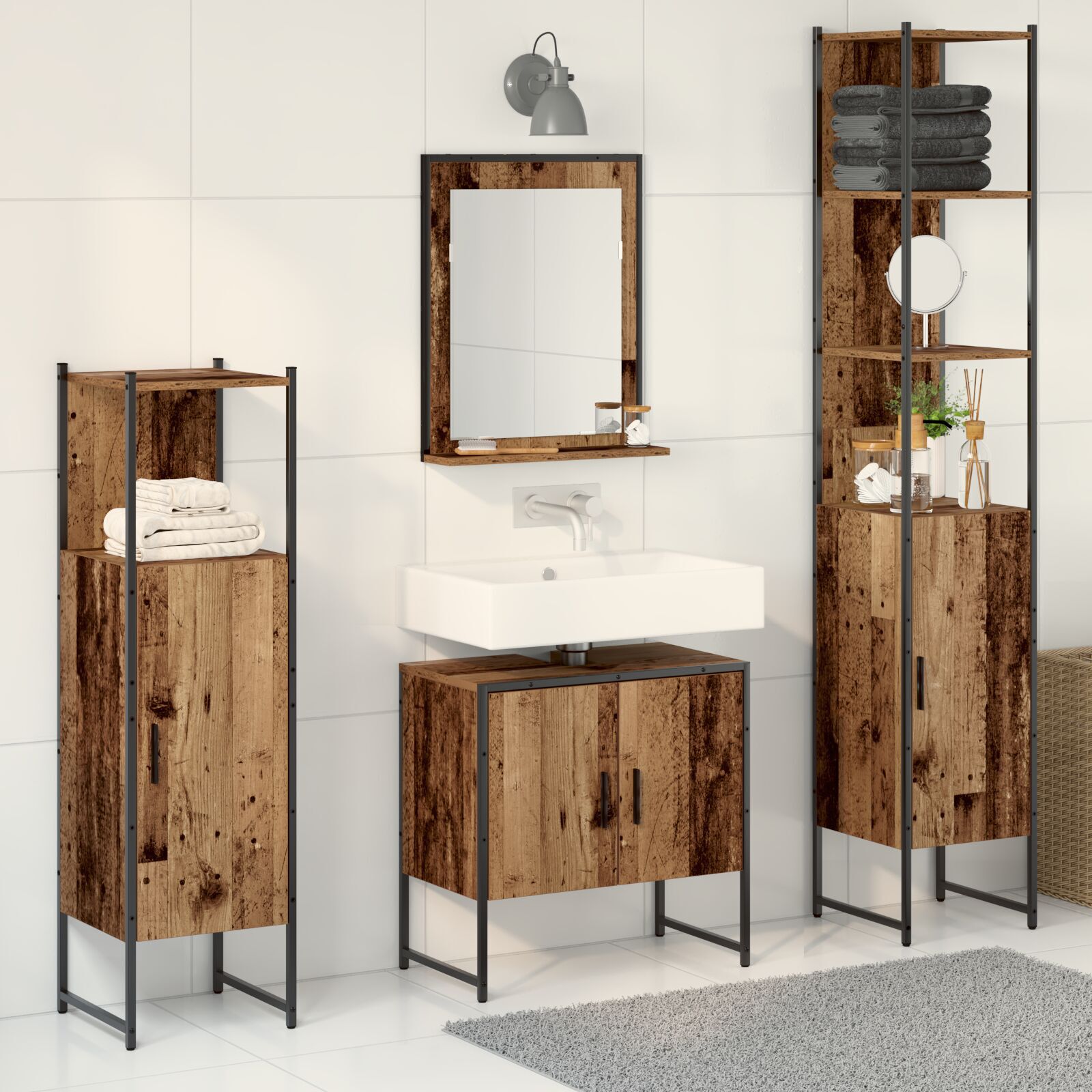 Baderomsinnredningssett med dør 4 pcs Brun 33 x 33 x 185.5 cm