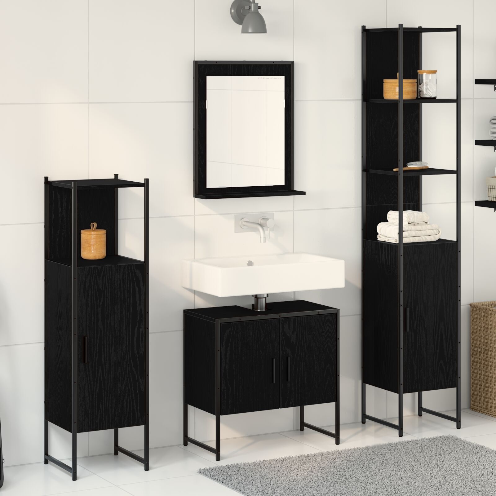 Baderomsinnredningssett med dør 4 pcs Svart 33 x 33 x 185.5 cm