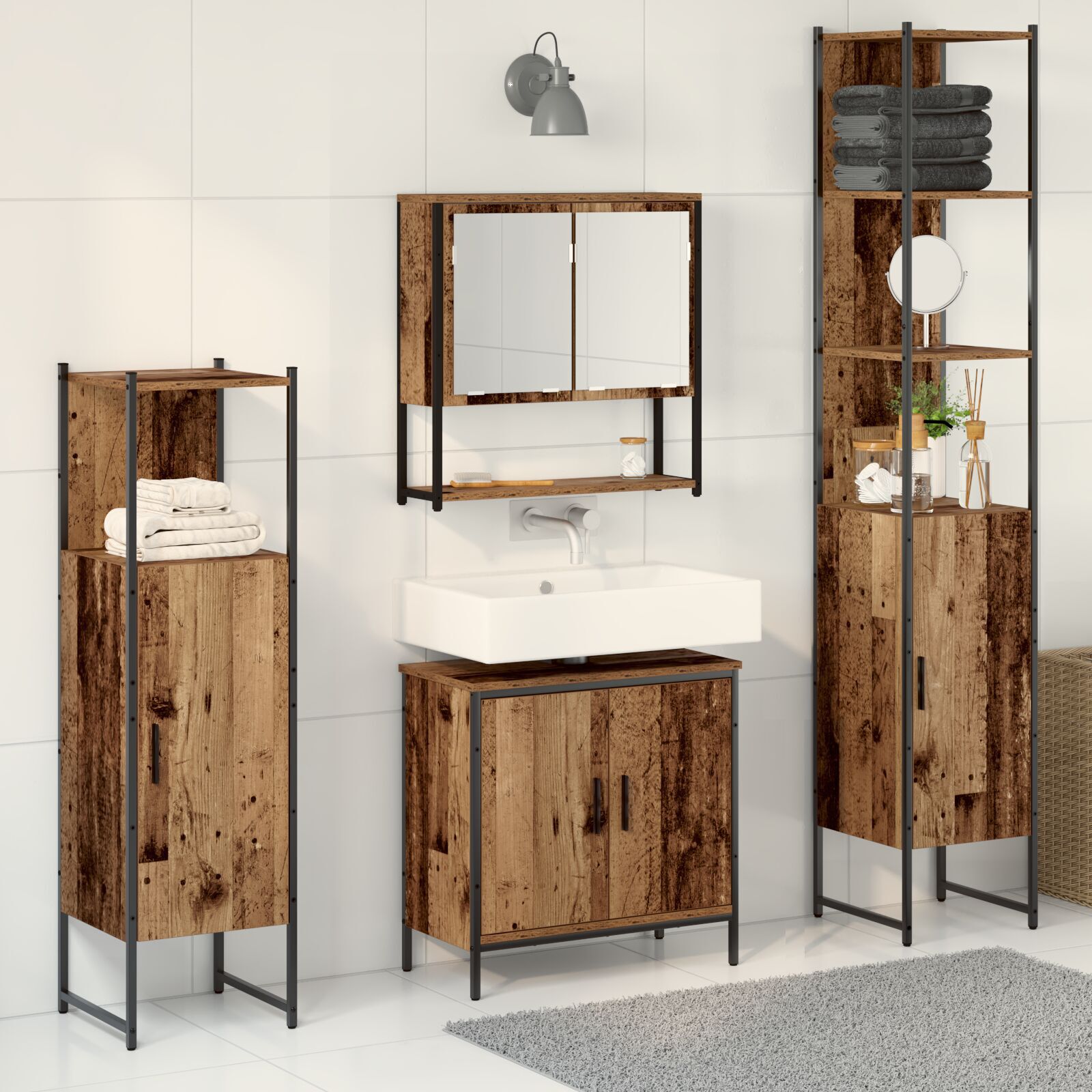 Baderomsinnredningssett med dør 4 pcs Brun 33 x 33 x 185.5 cm