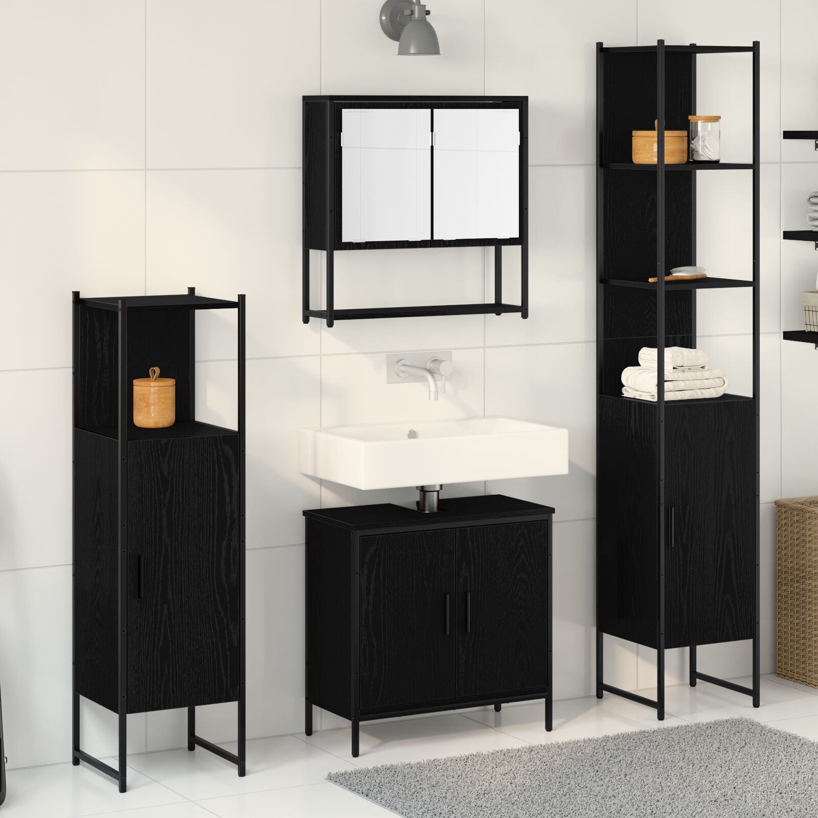 Baderomsinnredningssett med dør 4 pcs Svart 33 x 33 x 185.5 cm