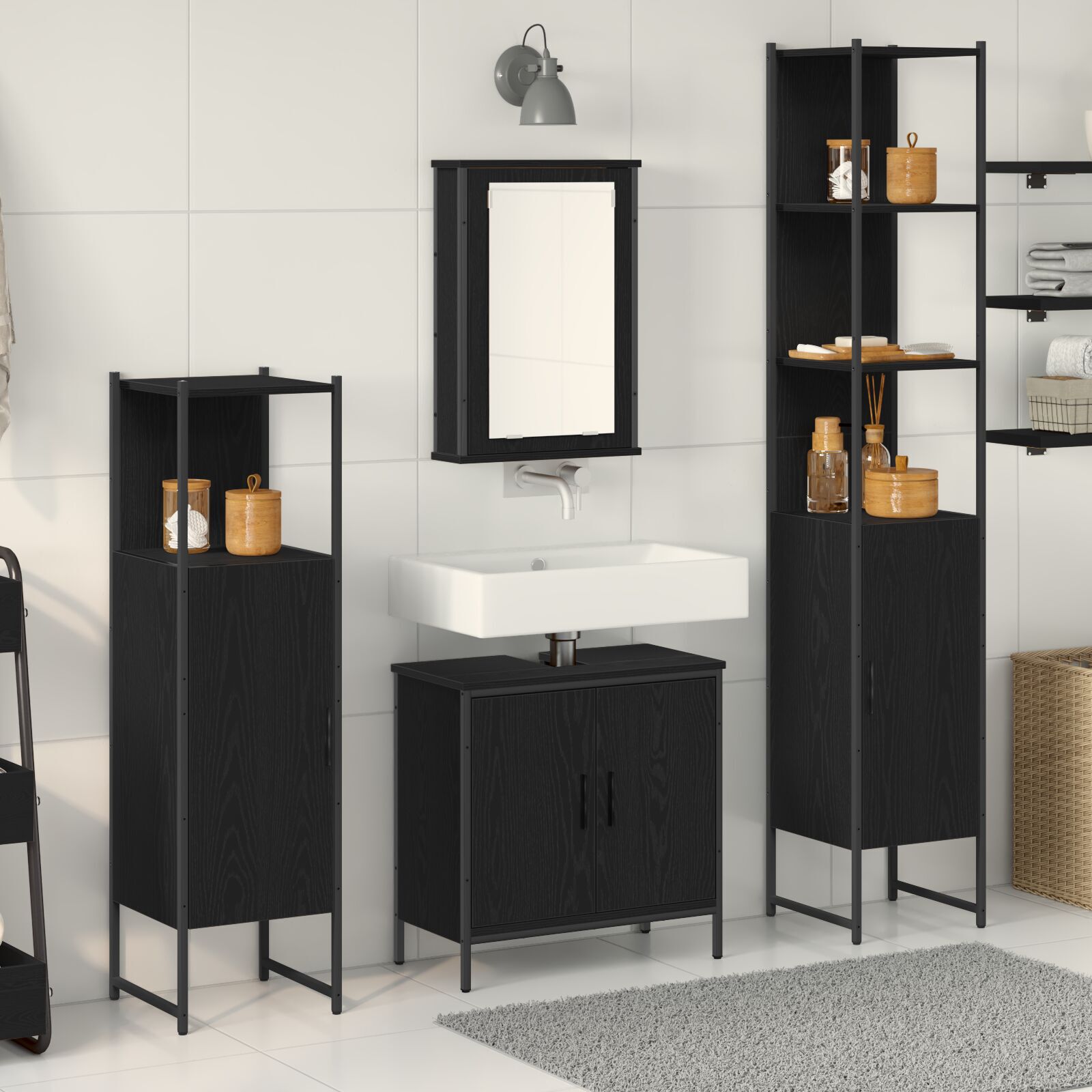 Baderomsinnredningssett med dør 4 pcs Svart 33 x 33 x 185.5 cm