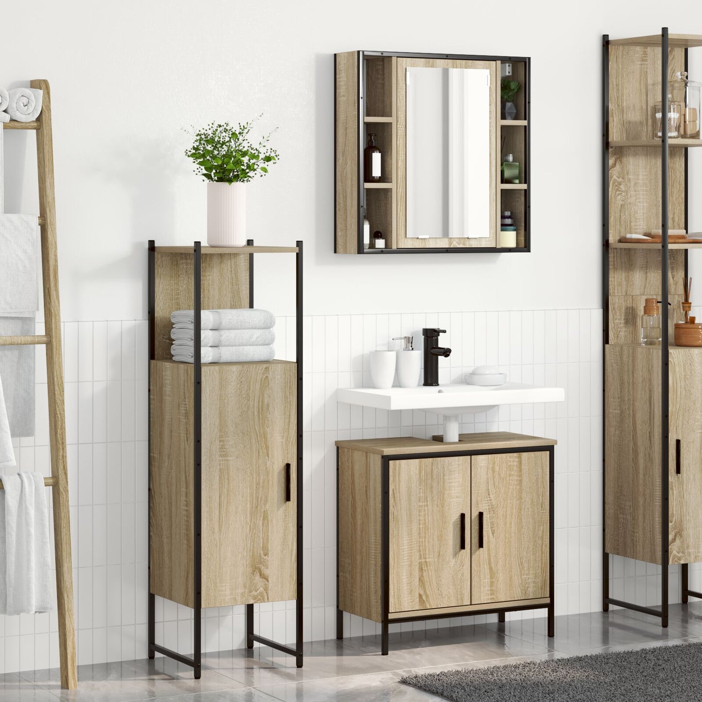 Baderomsinnredningssett med hylle 3 pcs Brun Konstruert tre